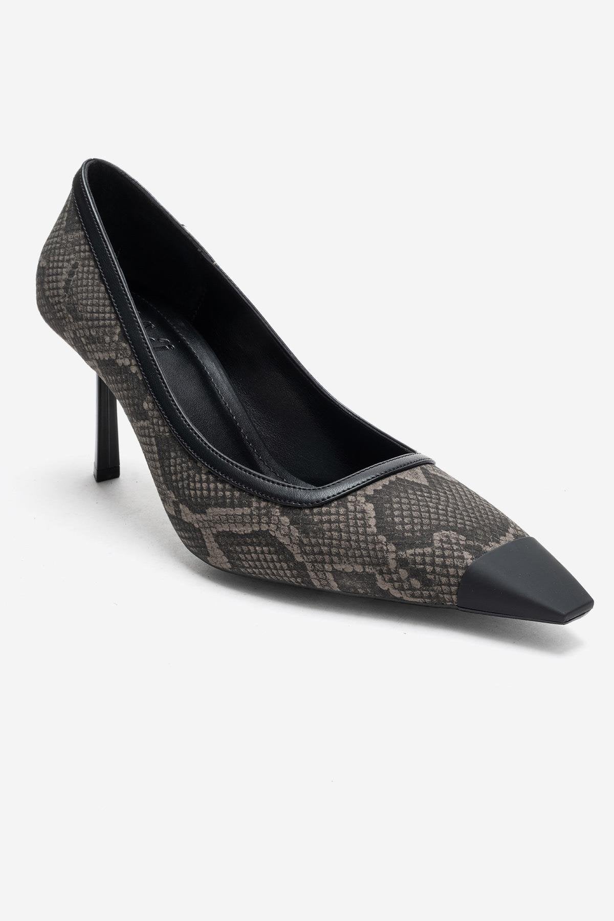 RONA - Gray Patterned Pointed Toe Stiletto Pump – detail view showing leather, Vowalisse
