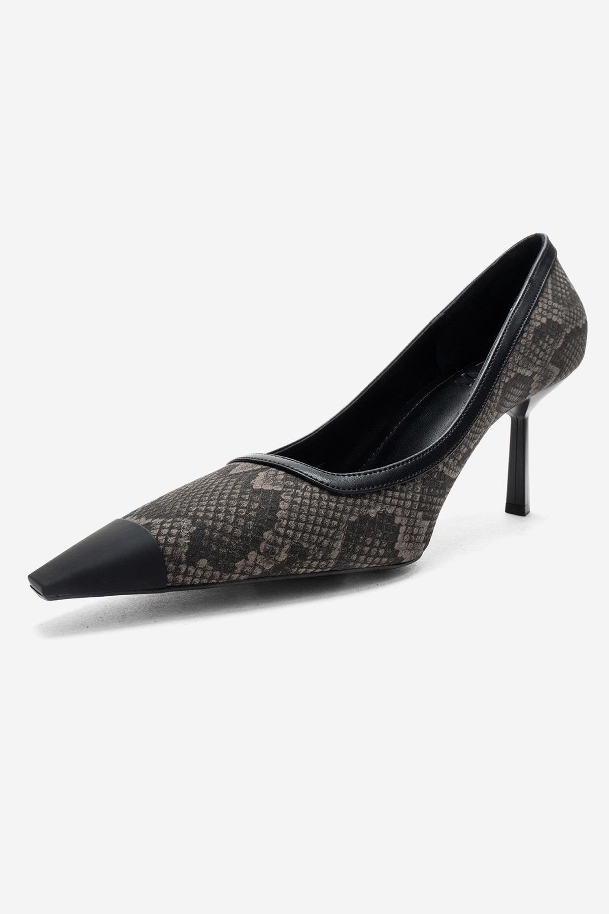 RONA - Gray Patterned Pointed Toe Stiletto Pump – heel view showing leather, Vowalisse