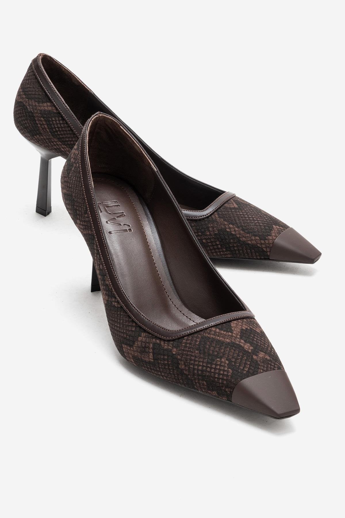 RONA - Brown Patterned Pointed Toe Stiletto Pump – front three-quarter view showing leather, red, Vowalisse