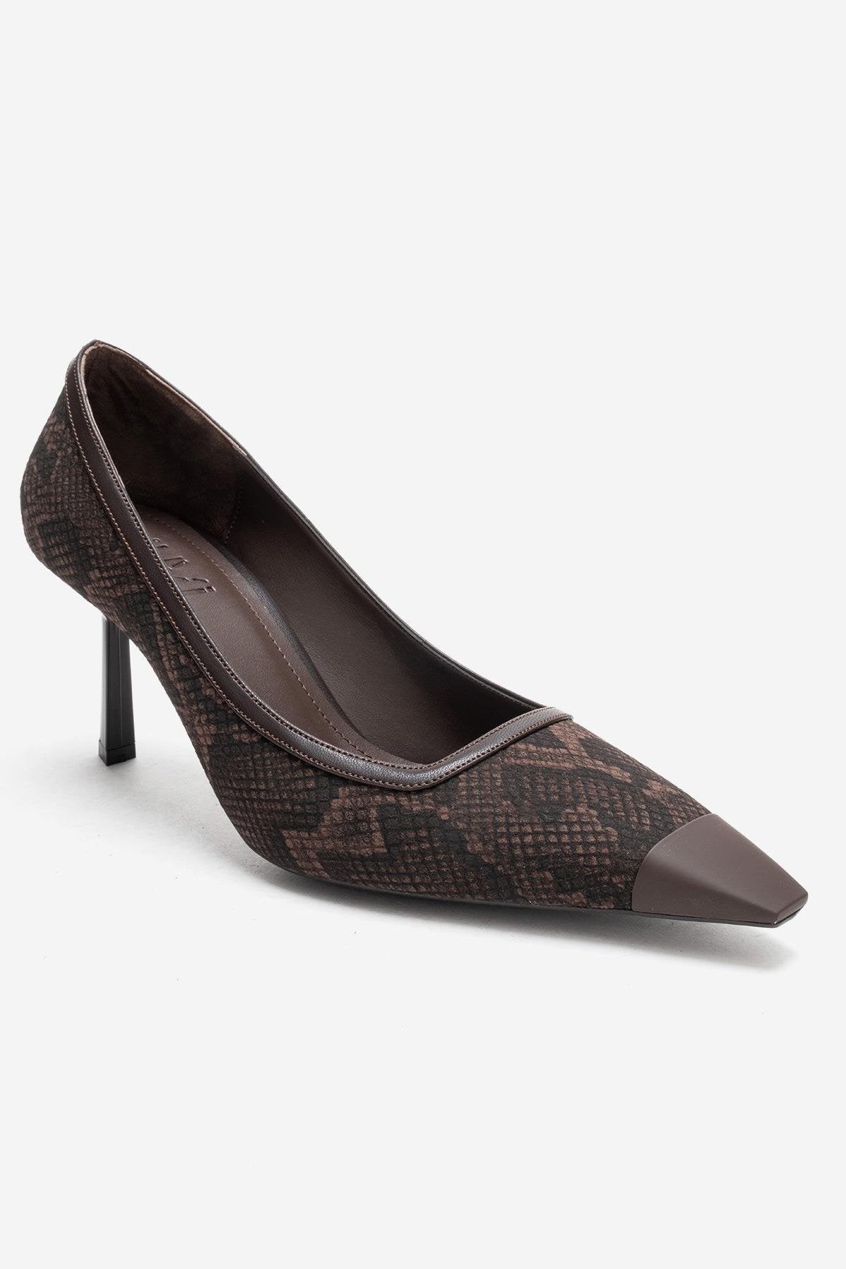 RONA - Brown Patterned Pointed Toe Stiletto Pump – detail view showing leather, red, Vowalisse