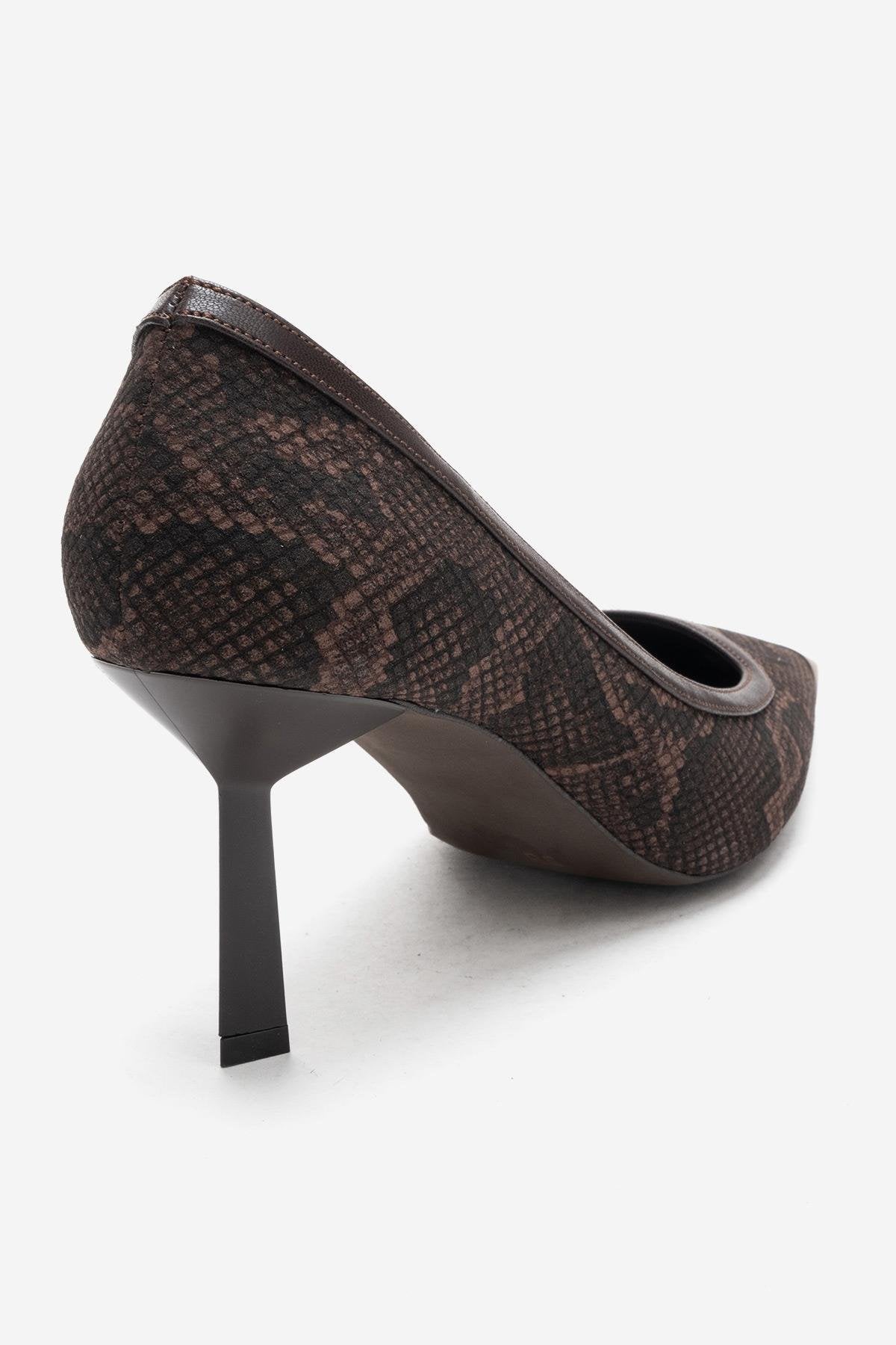 RONA - Brown Patterned Pointed Toe Stiletto Pump – back view showing leather, red, Vowalisse