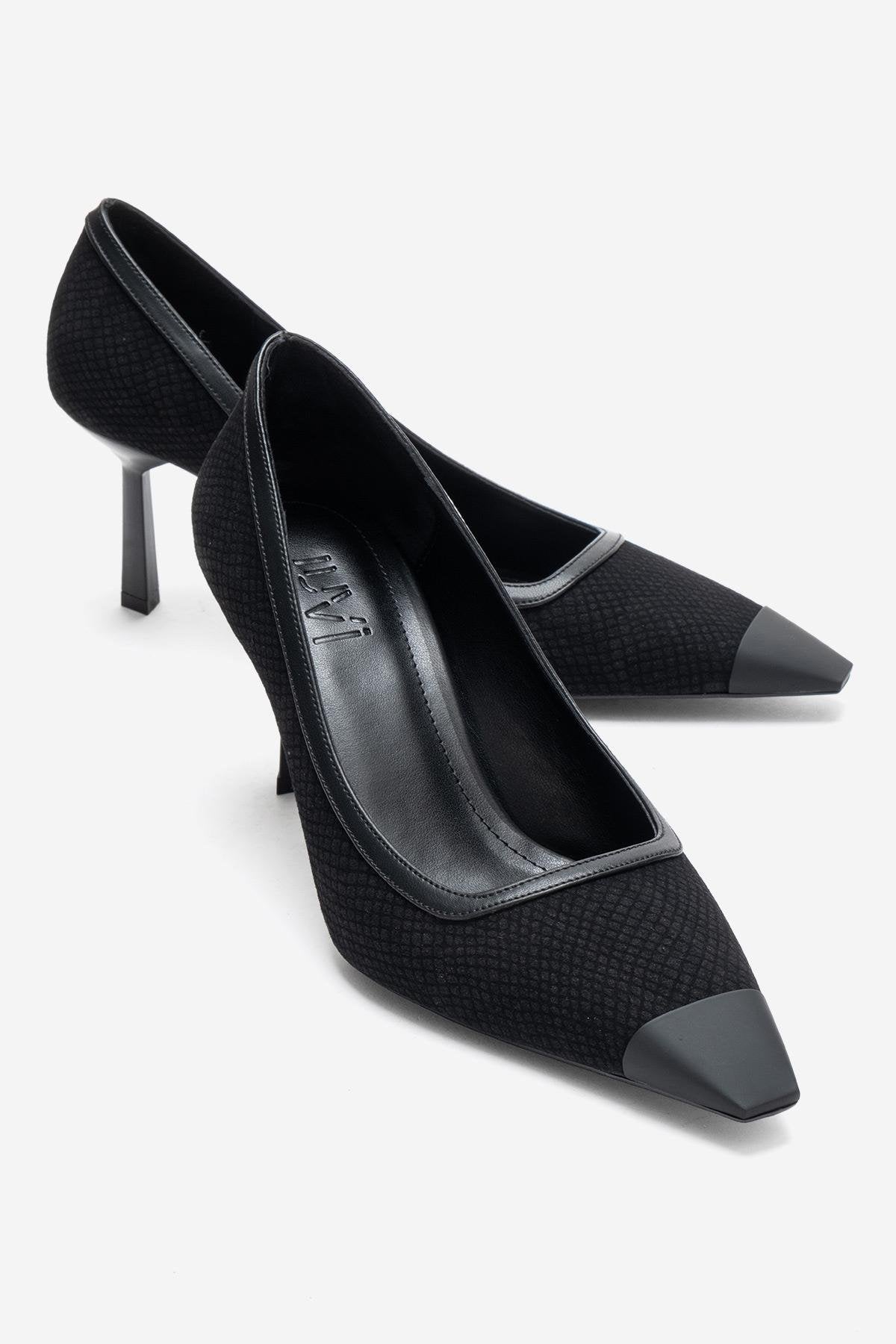 RONA - Black Patterned Pointed Stiletto Pump – front three-quarter view showing leather, black, Vowalisse