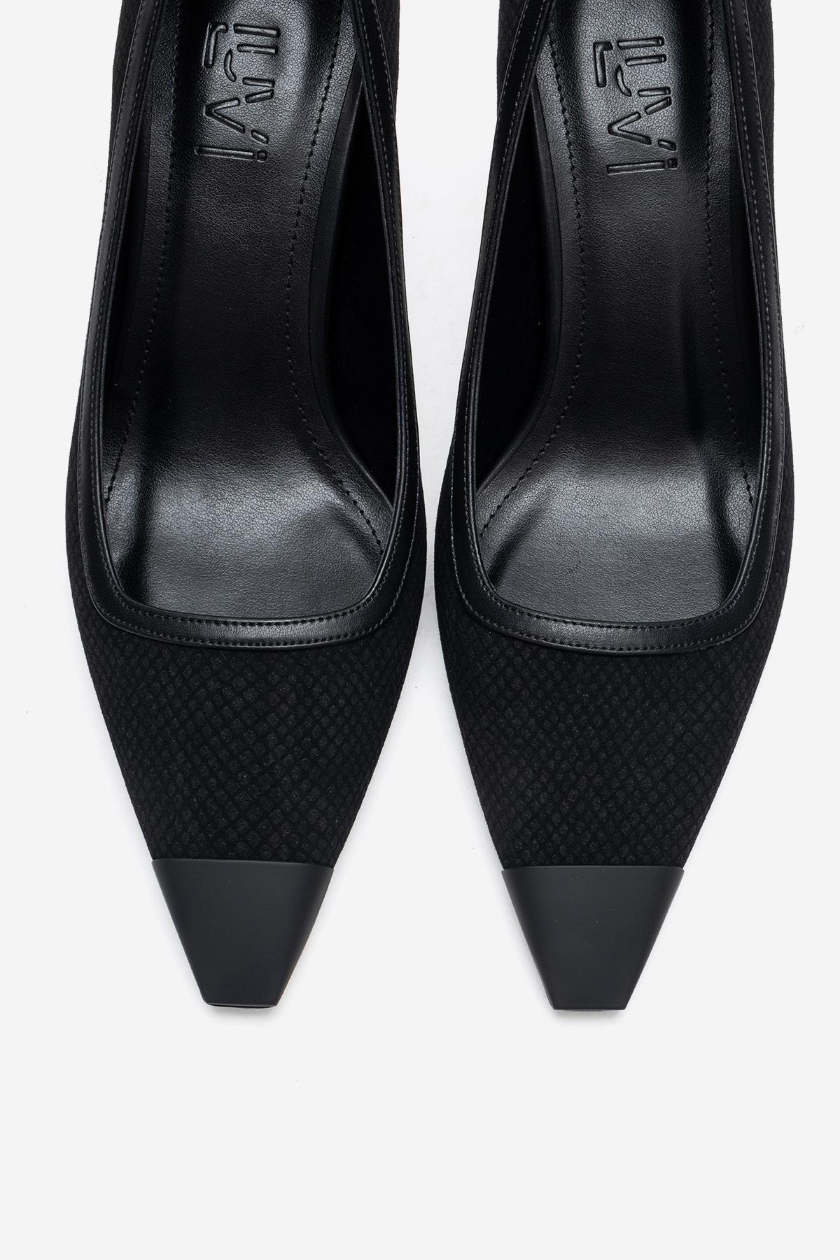 RONA - Black Patterned Pointed Stiletto Pump – side view showing leather, black, Vowalisse