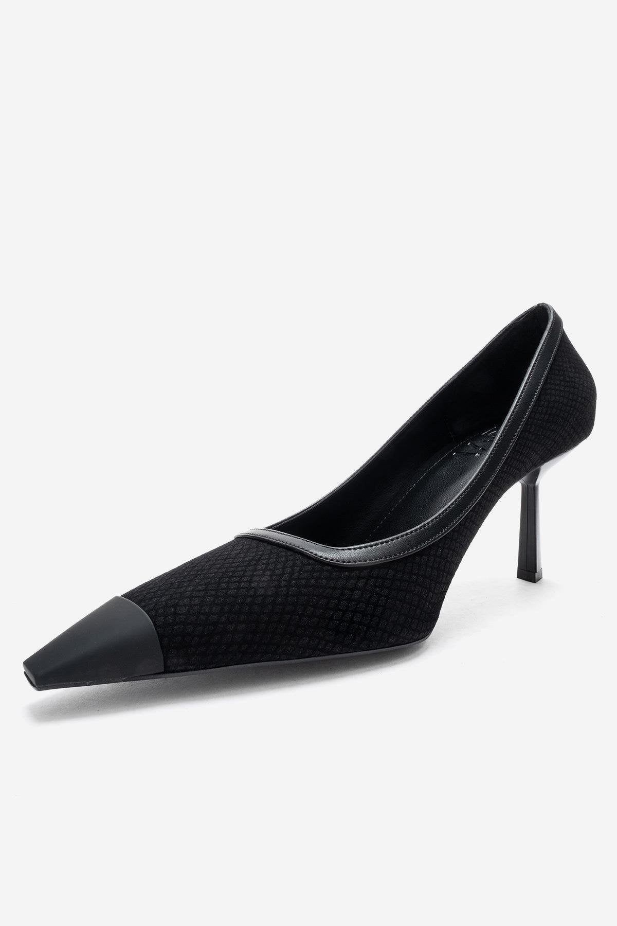 RONA - Black Patterned Pointed Stiletto Pump – heel view showing leather, black, Vowalisse