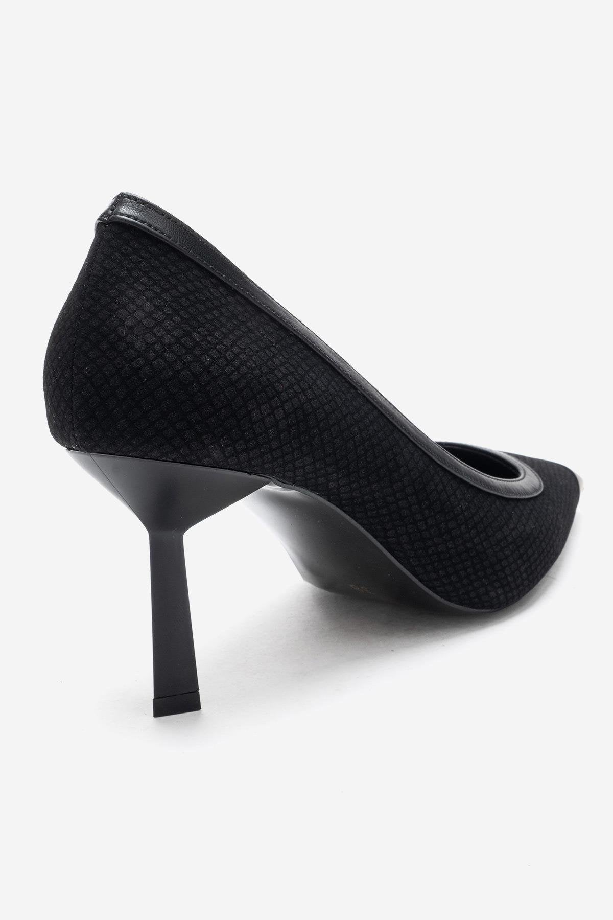 RONA - Black Patterned Pointed Stiletto Pump – back view showing leather, black, Vowalisse