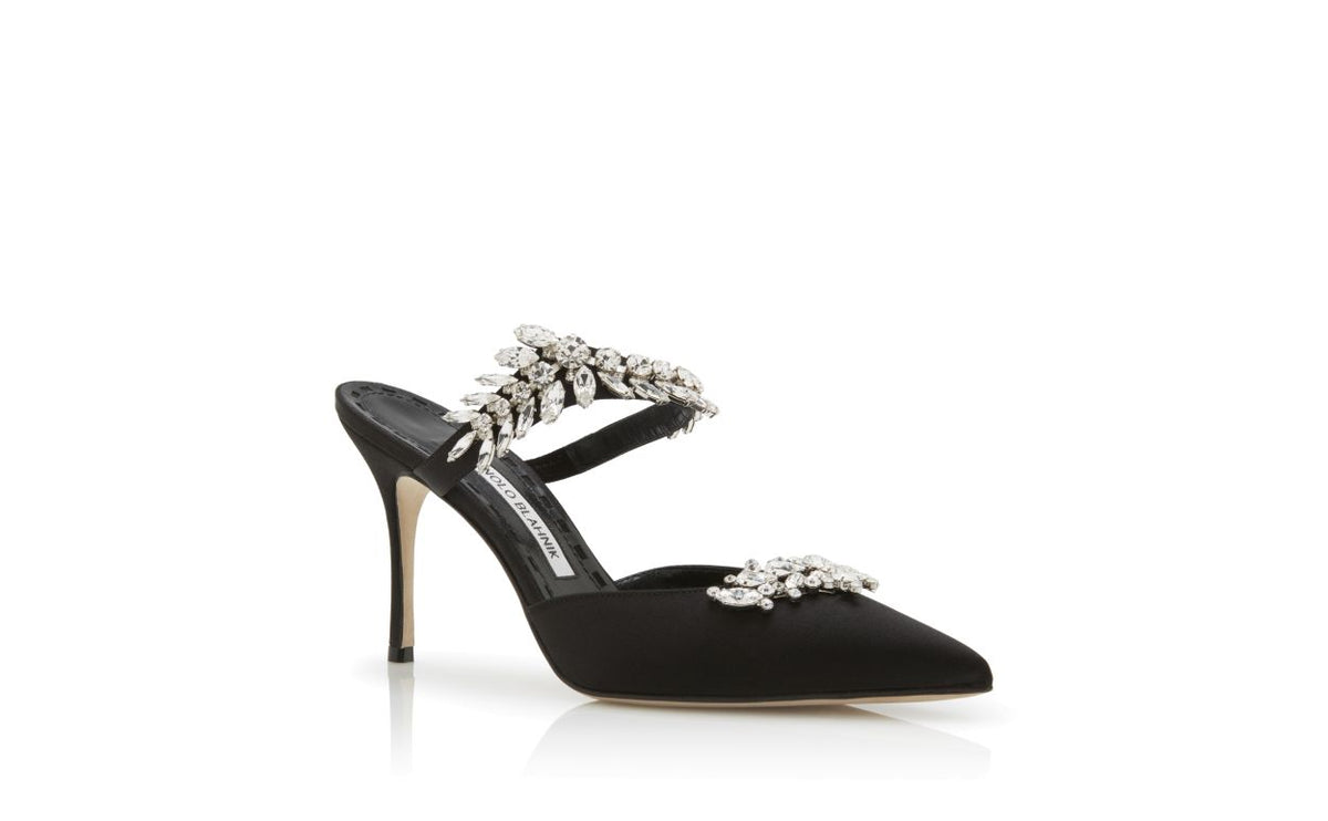 Marcella Bloom Black Crystal Embellished Mules – top view showing black crystal embellished, pointed toe, satin, Vowalisse