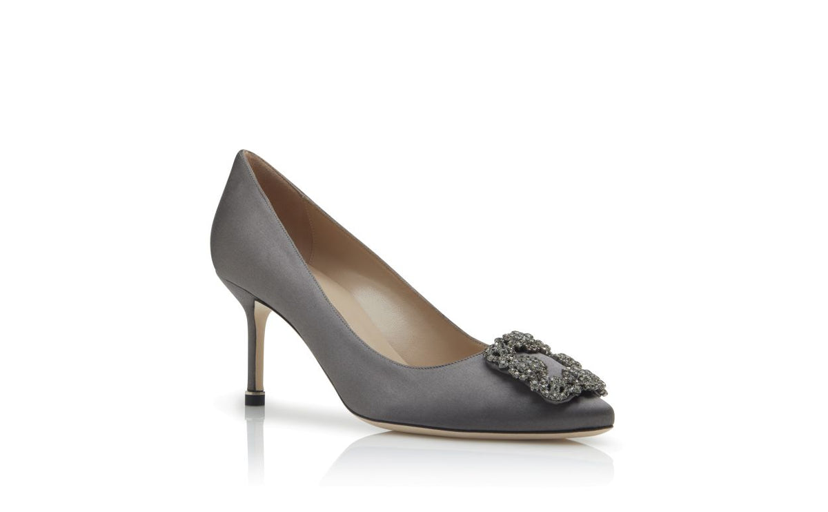Anastasia Élan Grey Jewel Buckle Pumps – top view showing grey jewel buckle, crystal buckle, almond toe, satin, Vowalisse