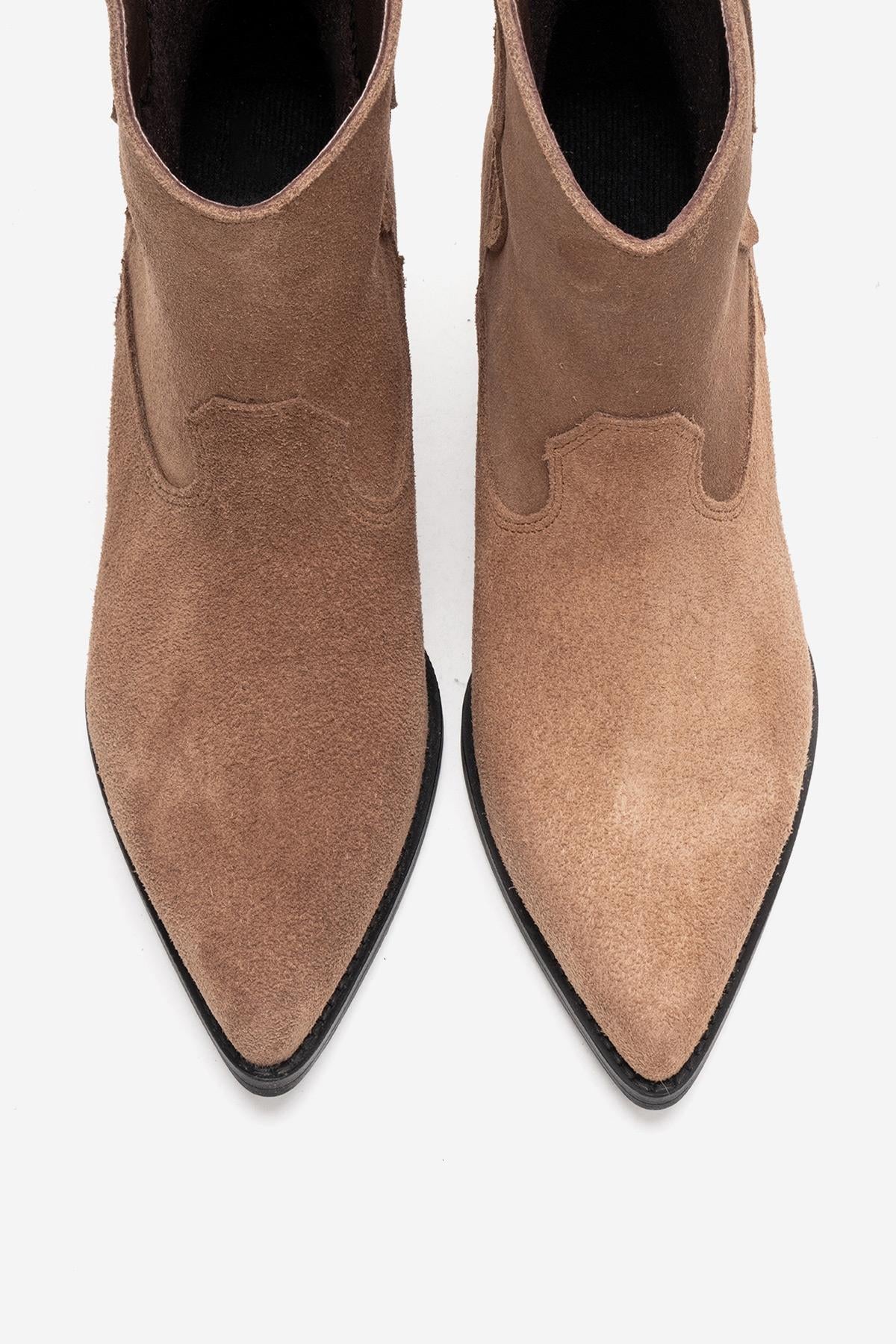 ELIA - Camel Genuine Leather Block Heel Western Boot – side view showing leather, suede, Vowalisse