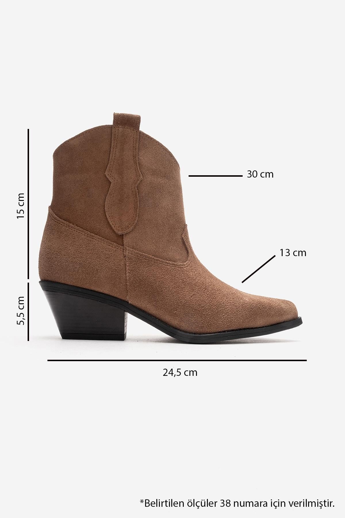 ELIA - Camel Genuine Leather Block Heel Western Boot – detail view showing leather, suede, Vowalisse