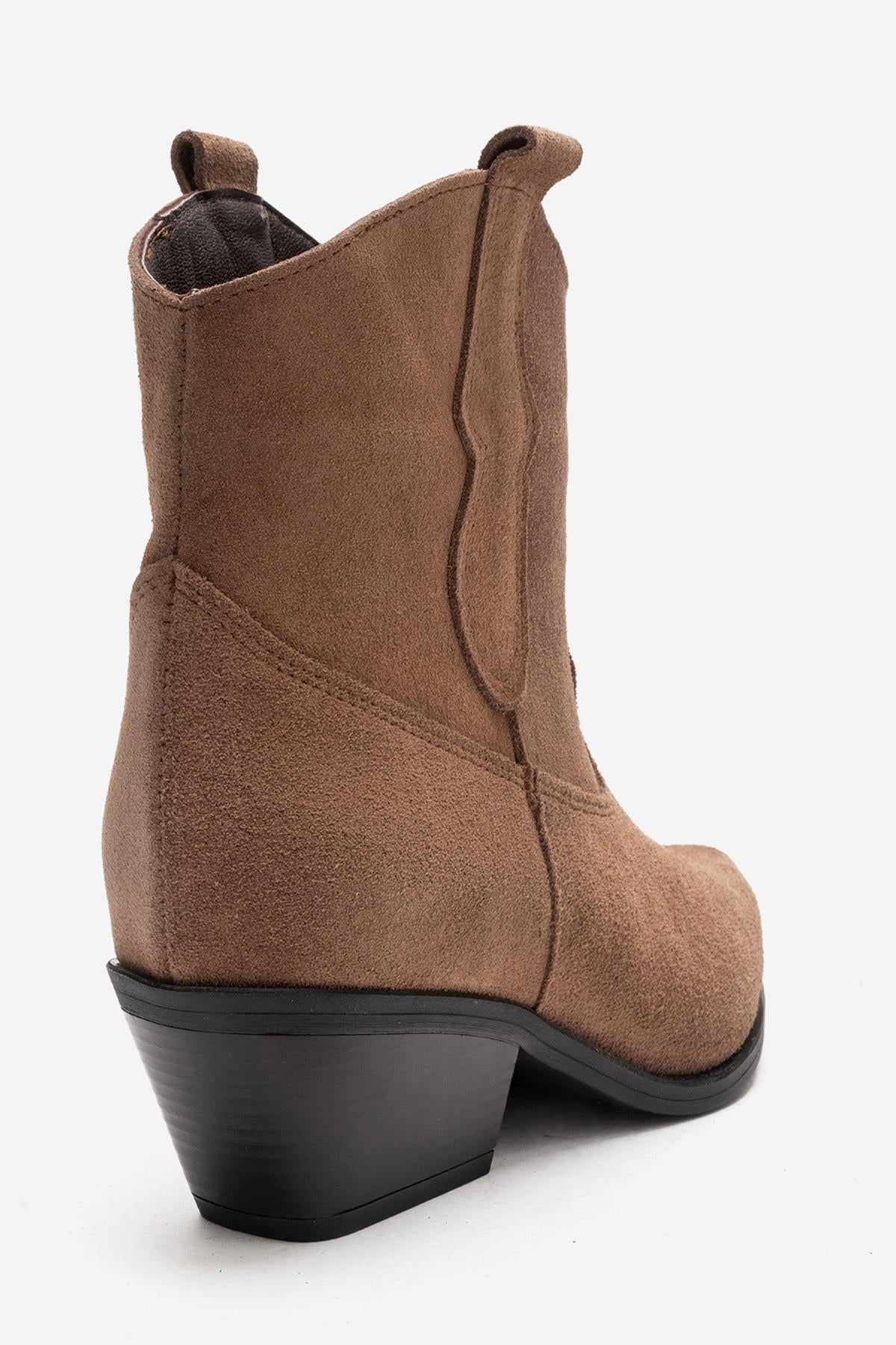 ELIA - Camel Genuine Leather Block Heel Western Boot – heel view showing leather, suede, Vowalisse