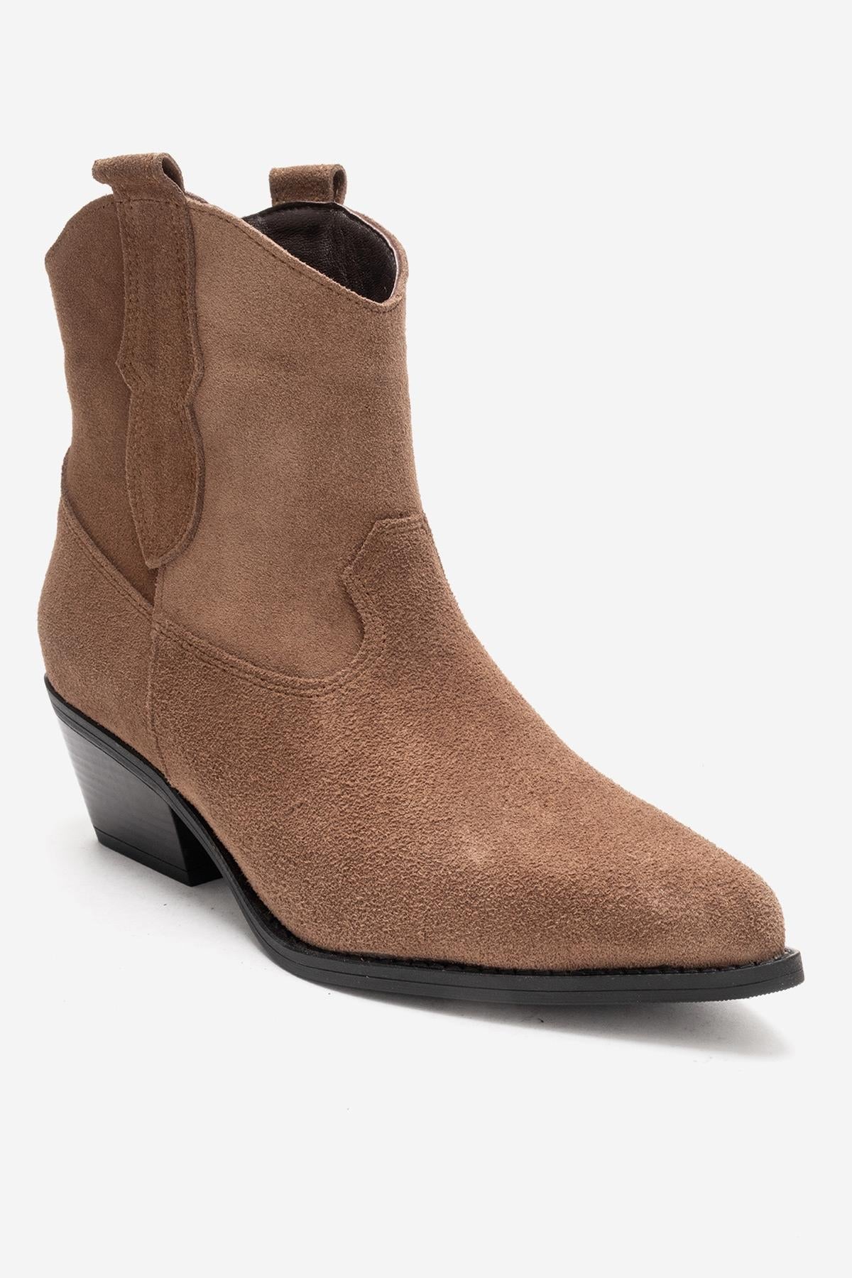ELIA - Camel Genuine Leather Block Heel Western Boot – back view showing leather, suede, Vowalisse