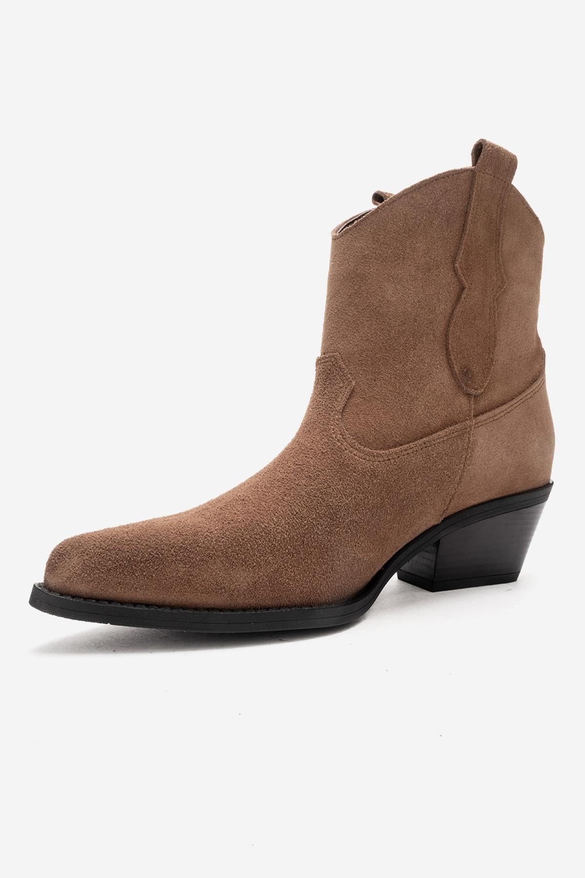 ELIA - Camel Genuine Leather Block Heel Western Boot – top view showing leather, suede, Vowalisse