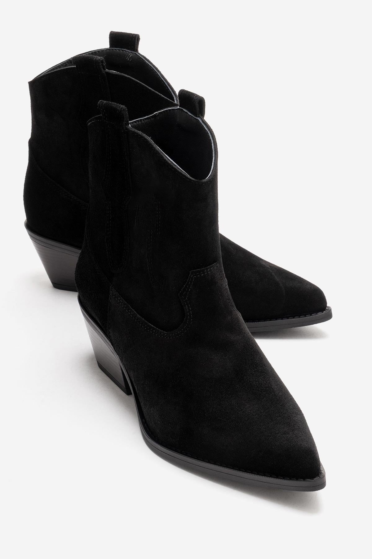 ELIA - Black Genuine Leather Block Heel Western Boot – front three-quarter view showing leather, suede, black, Vowalisse