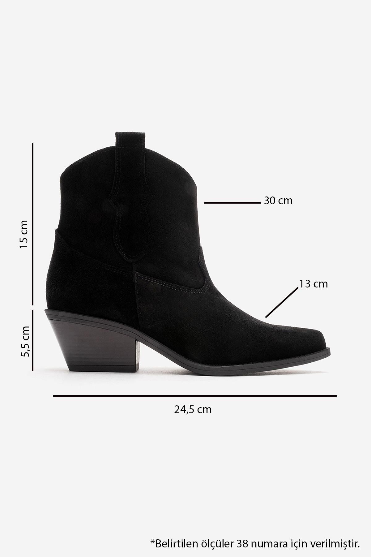 ELIA - Black Genuine Leather Block Heel Western Boot – detail view showing leather, suede, black, Vowalisse
