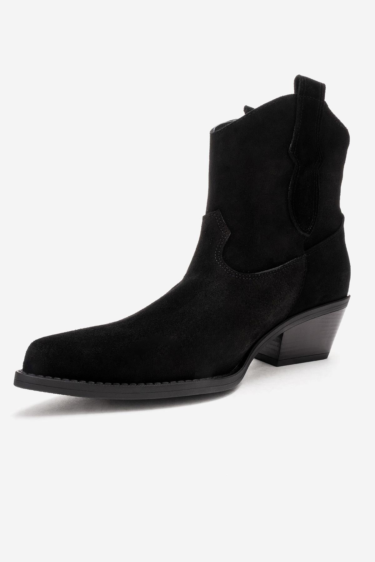 ELIA - Black Genuine Leather Block Heel Western Boot – top view showing leather, suede, black, Vowalisse