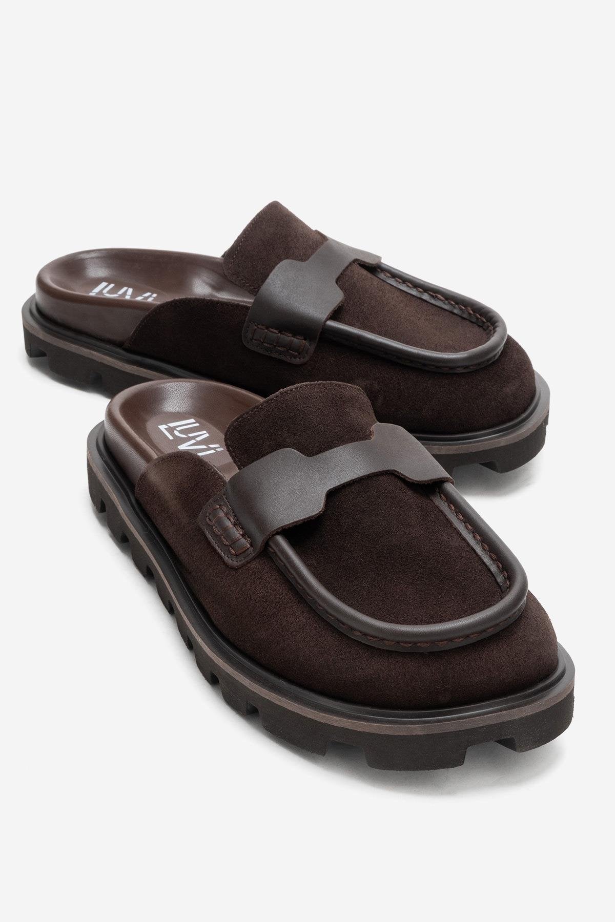 VELA - Cognac Genuine Suede Leather Low Heel Mule – front three-quarter view showing leather, suede, Vowalisse