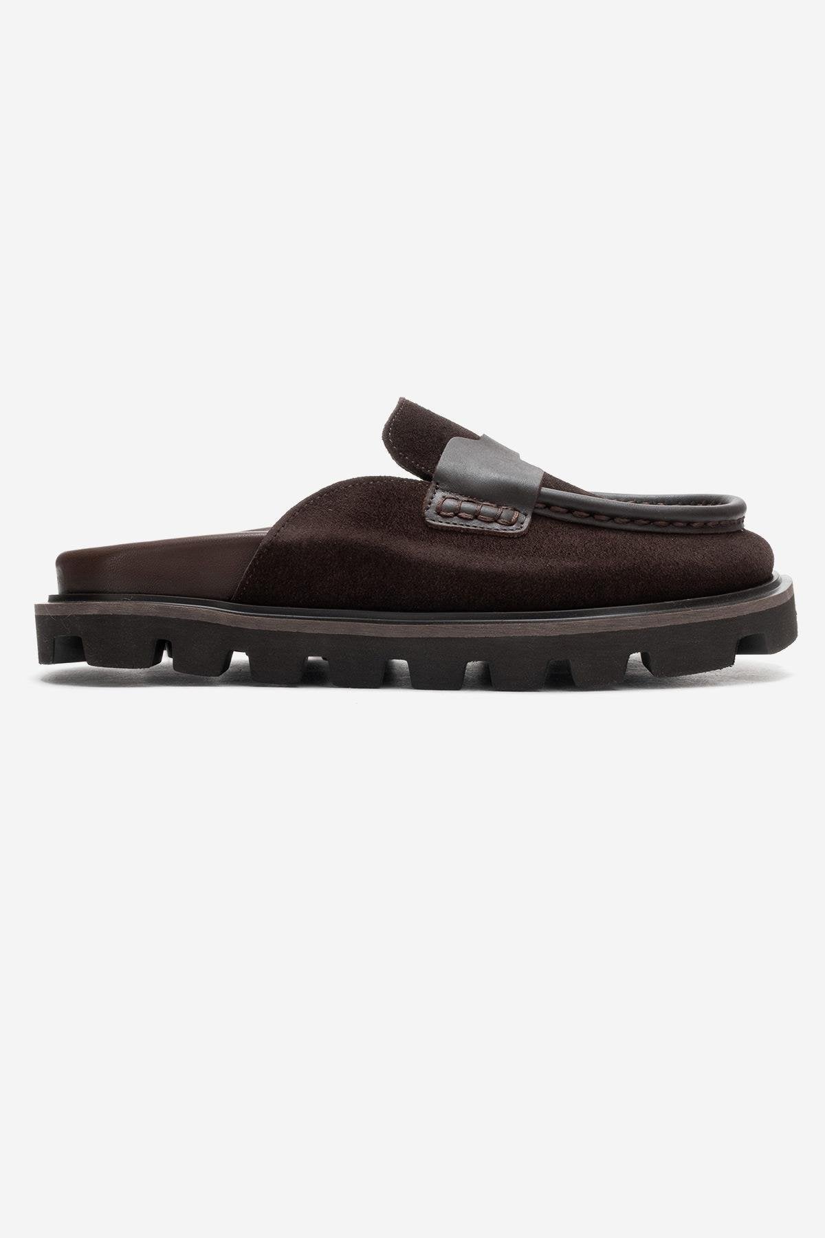 VELA - Cognac Genuine Suede Leather Low Heel Mule – top view showing leather, suede, Vowalisse