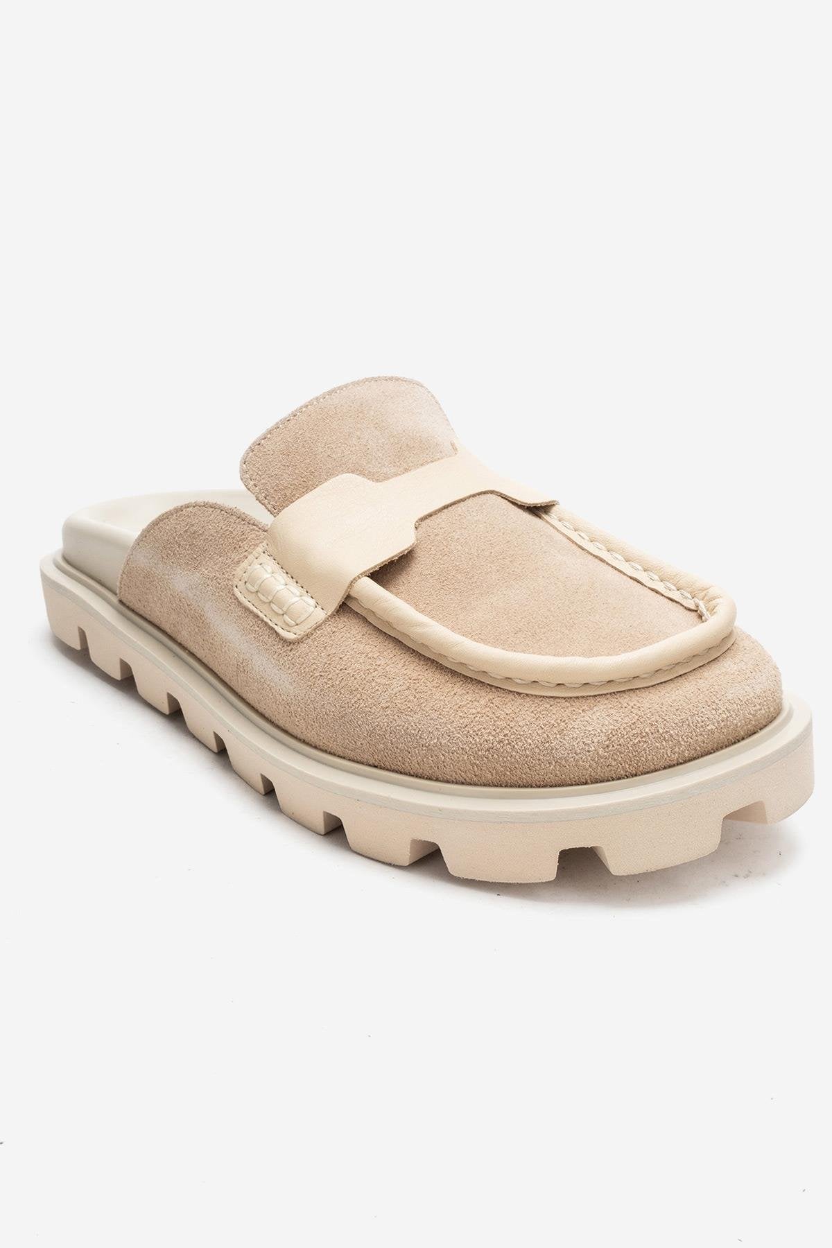 VELA - Beige Genuine Suede Leather Low Heel Mule – detail view showing leather, suede, Vowalisse
