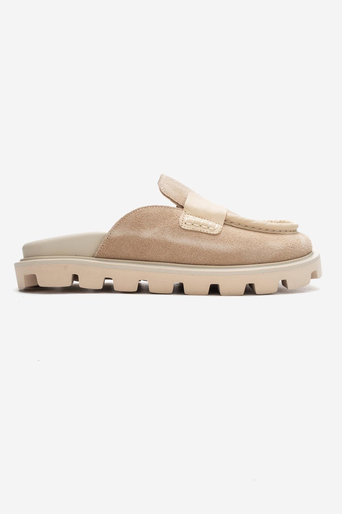 VELA - Beige Genuine Suede Leather Low Heel Mule – top view showing leather, suede, Vowalisse