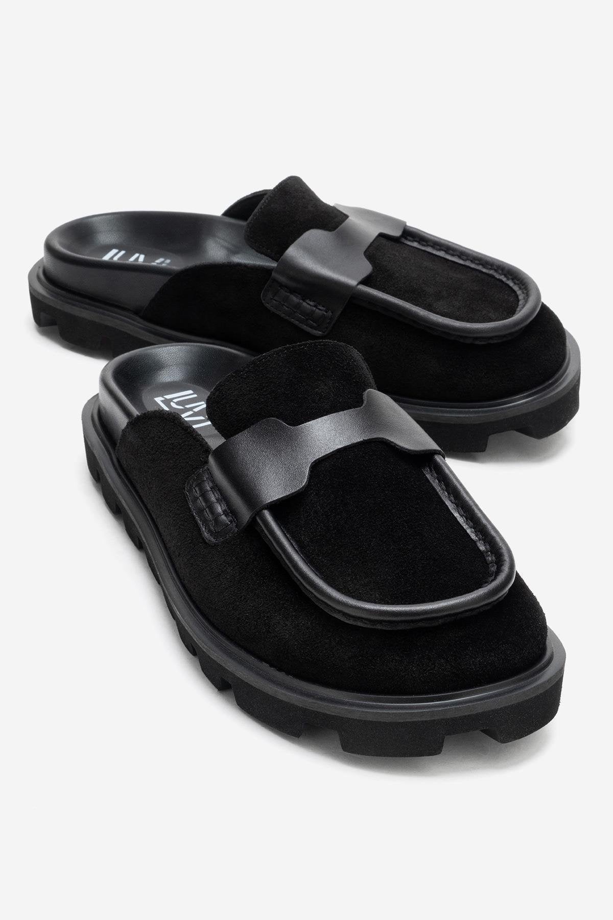 VELA - Black Genuine Suede Leather Low Heel Mule – front three-quarter view showing leather, suede, black, Vowalisse