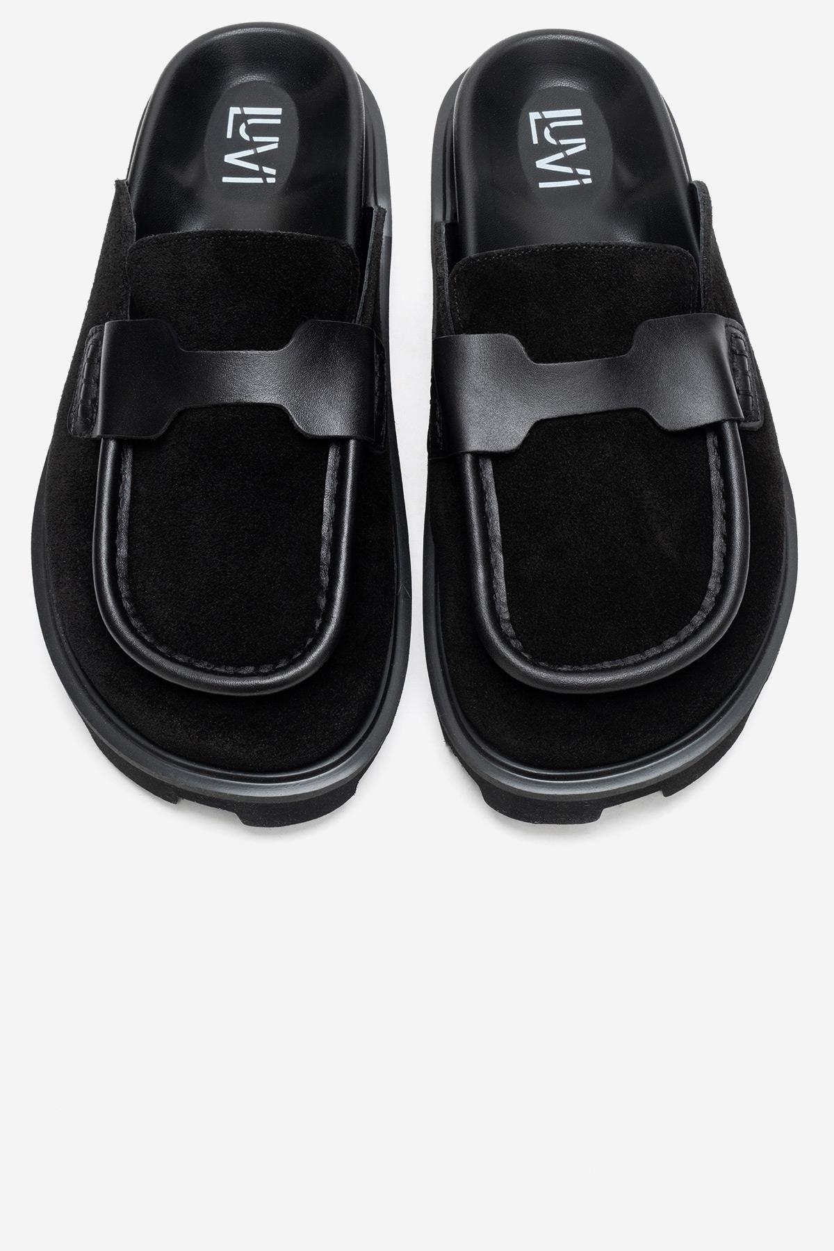 VELA - Black Genuine Suede Leather Low Heel Mule – side view showing leather, suede, black, Vowalisse