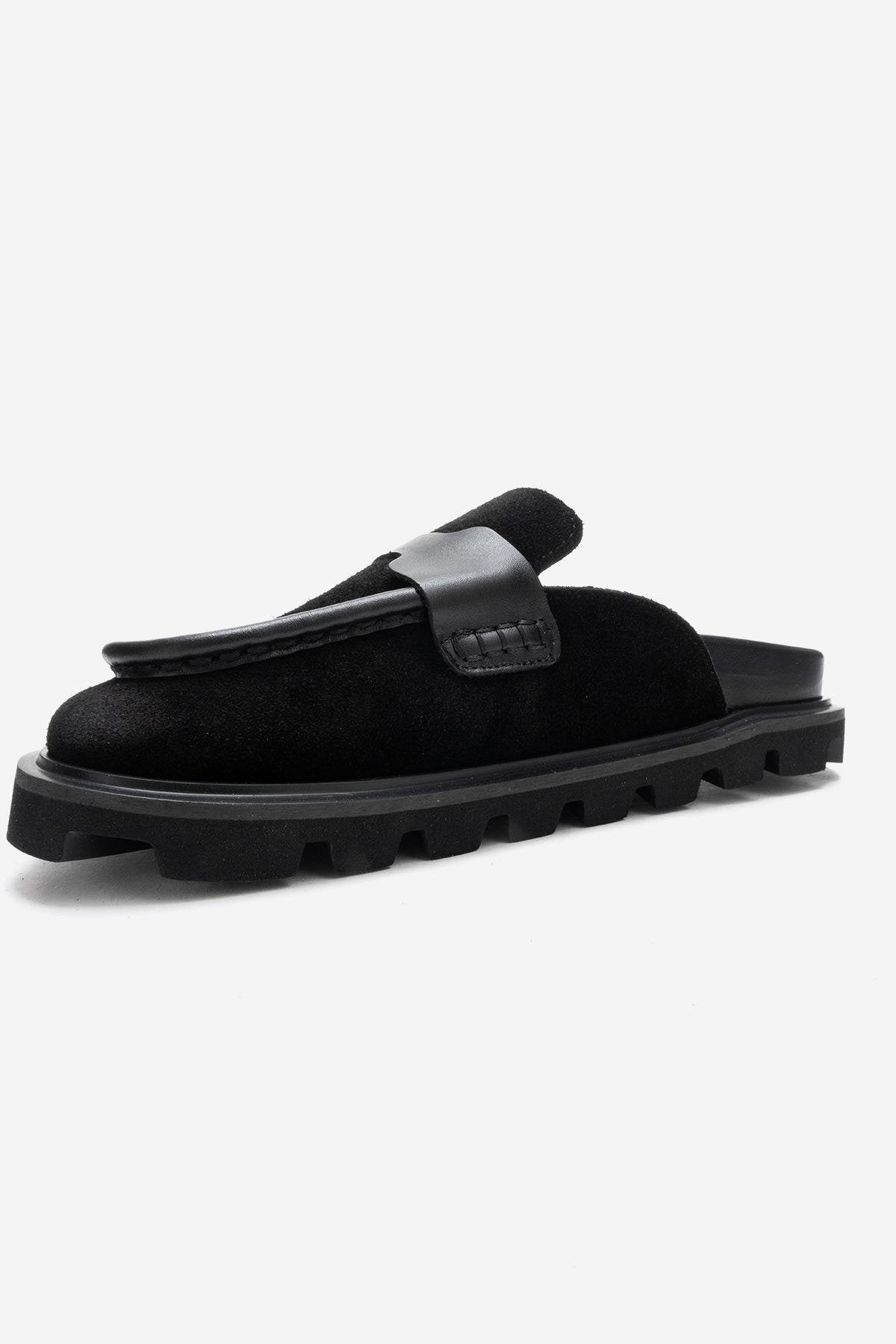 VELA - Black Genuine Suede Leather Low Heel Mule – heel view showing leather, suede, black, Vowalisse
