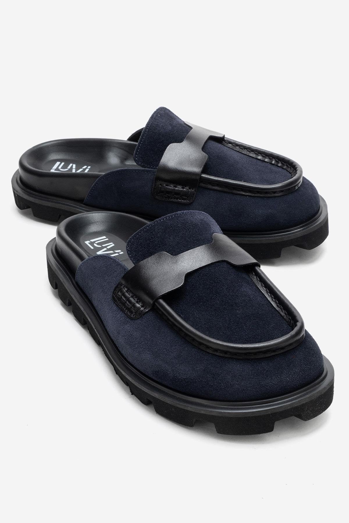 VELA - Navy Genuine Suede Leather Low Heel Mule – front three-quarter view showing leather, suede, Vowalisse