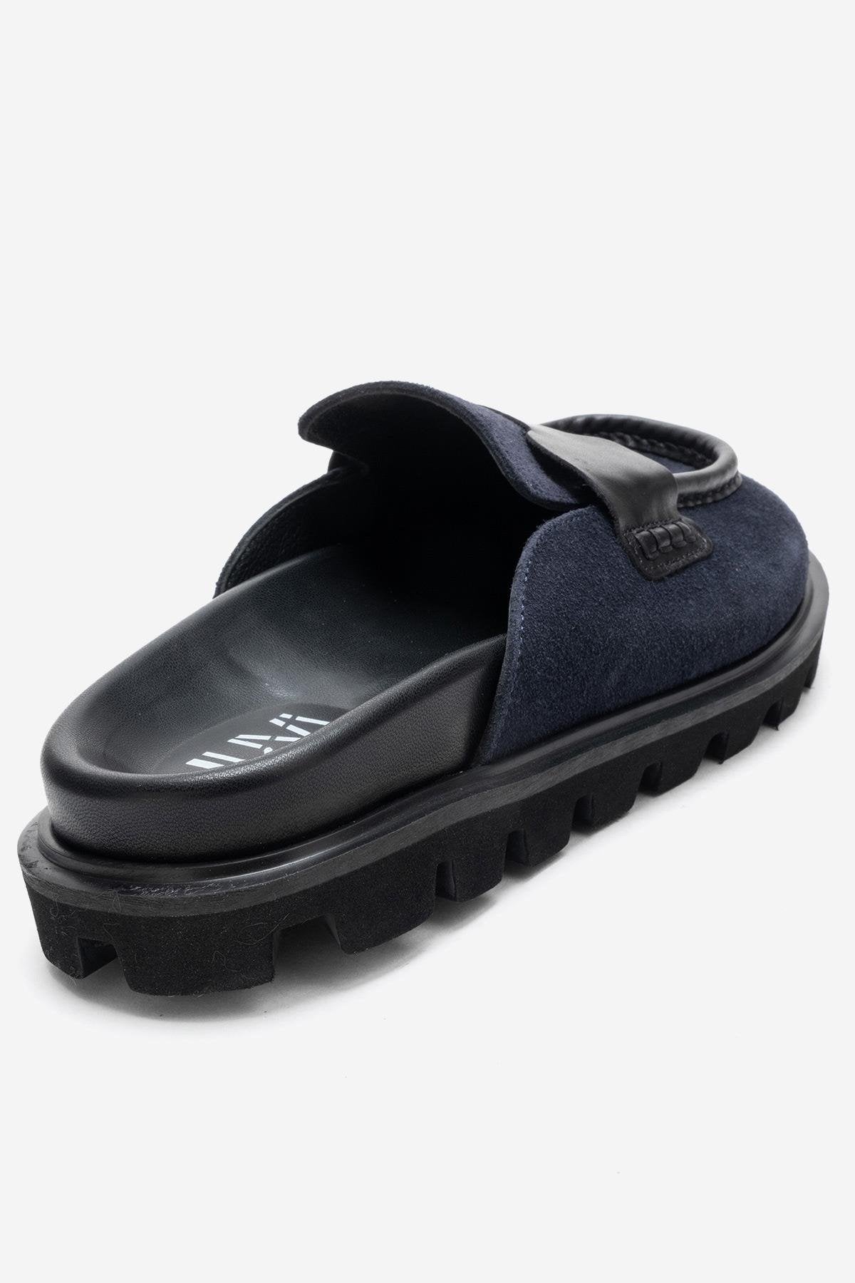 VELA - Navy Genuine Suede Leather Low Heel Mule – back view showing leather, suede, Vowalisse