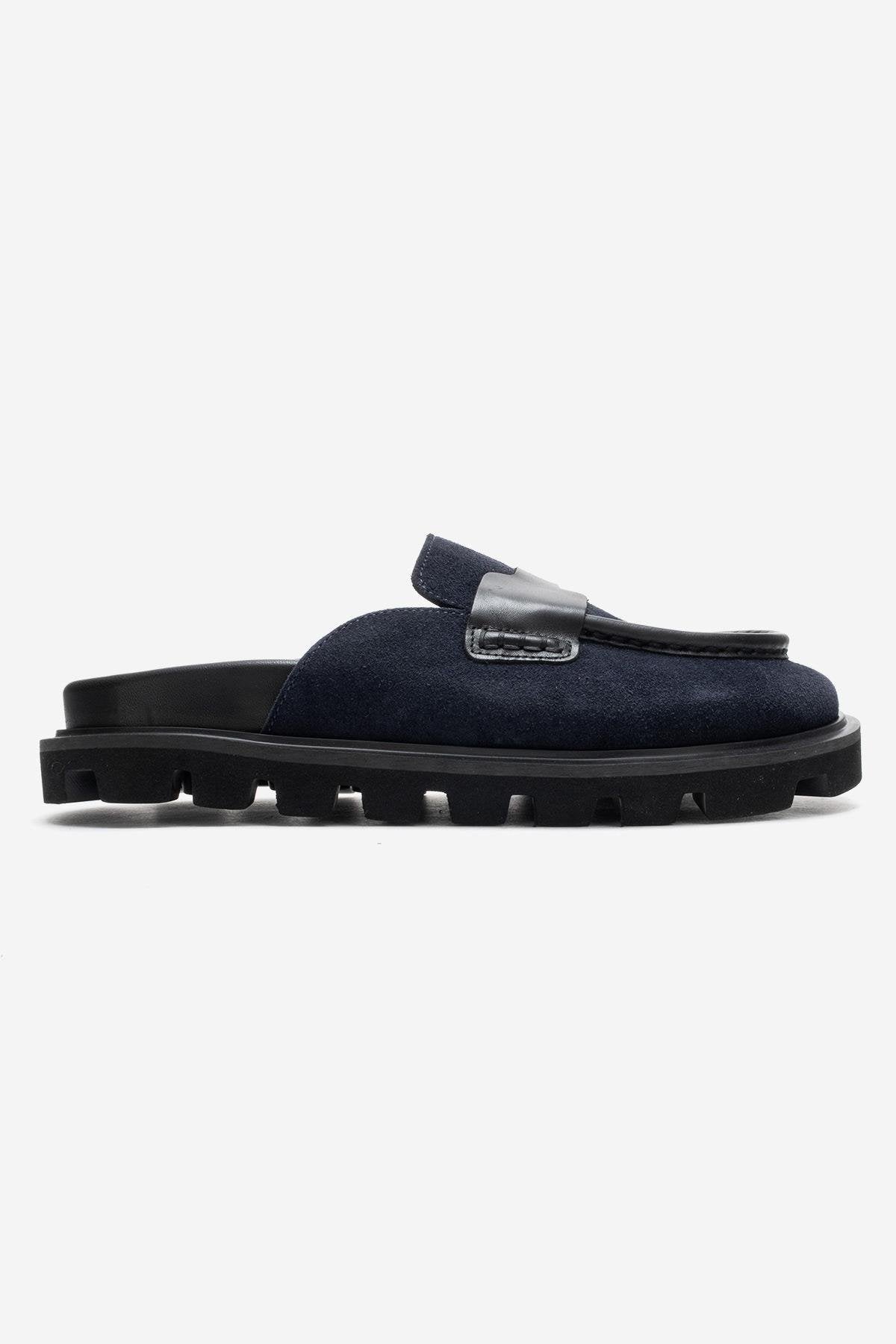 VELA - Navy Genuine Suede Leather Low Heel Mule – top view showing leather, suede, Vowalisse
