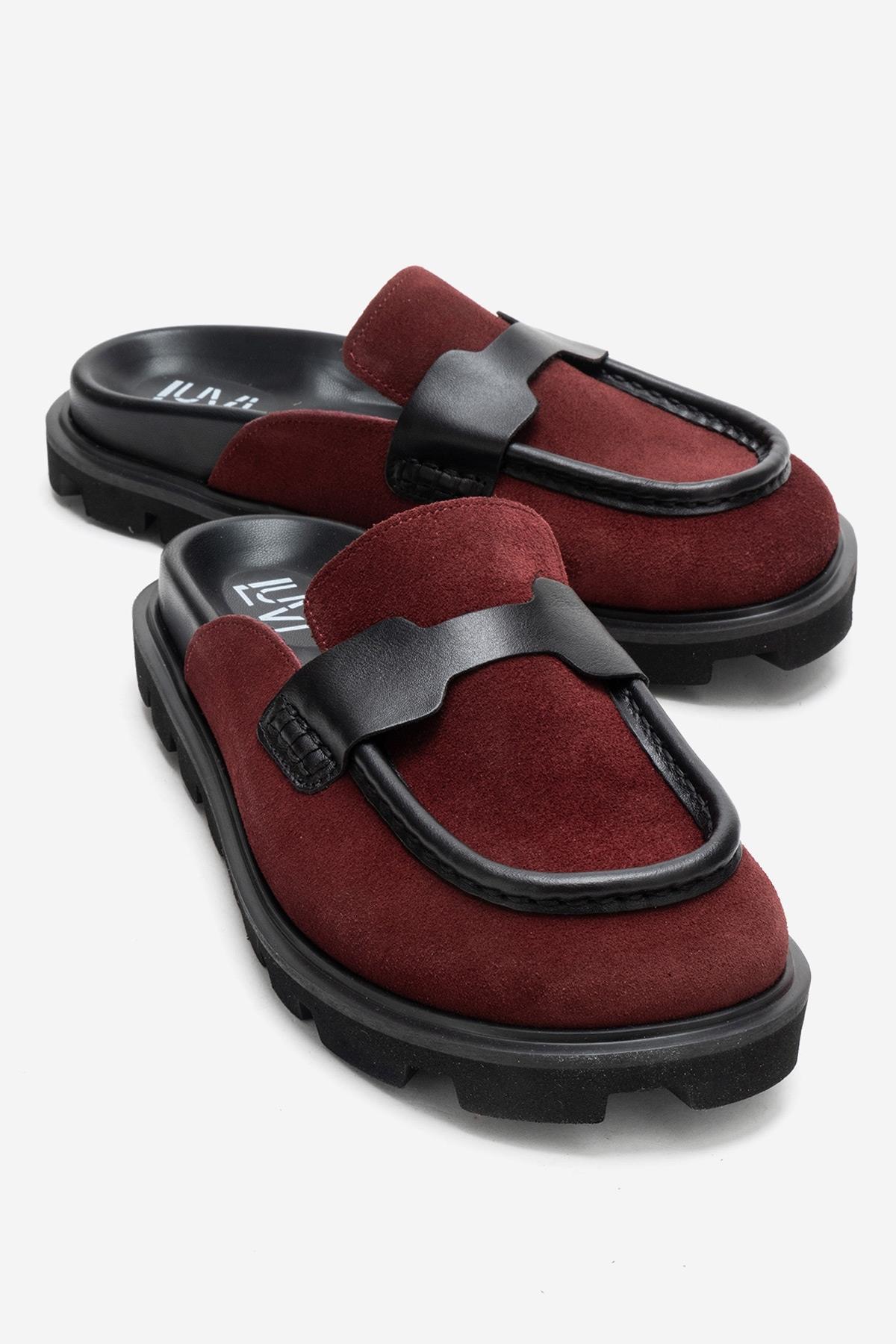 VELA - Burgundy Genuine Suede Leather Low Heel Mule – front three-quarter view showing leather, suede, Vowalisse