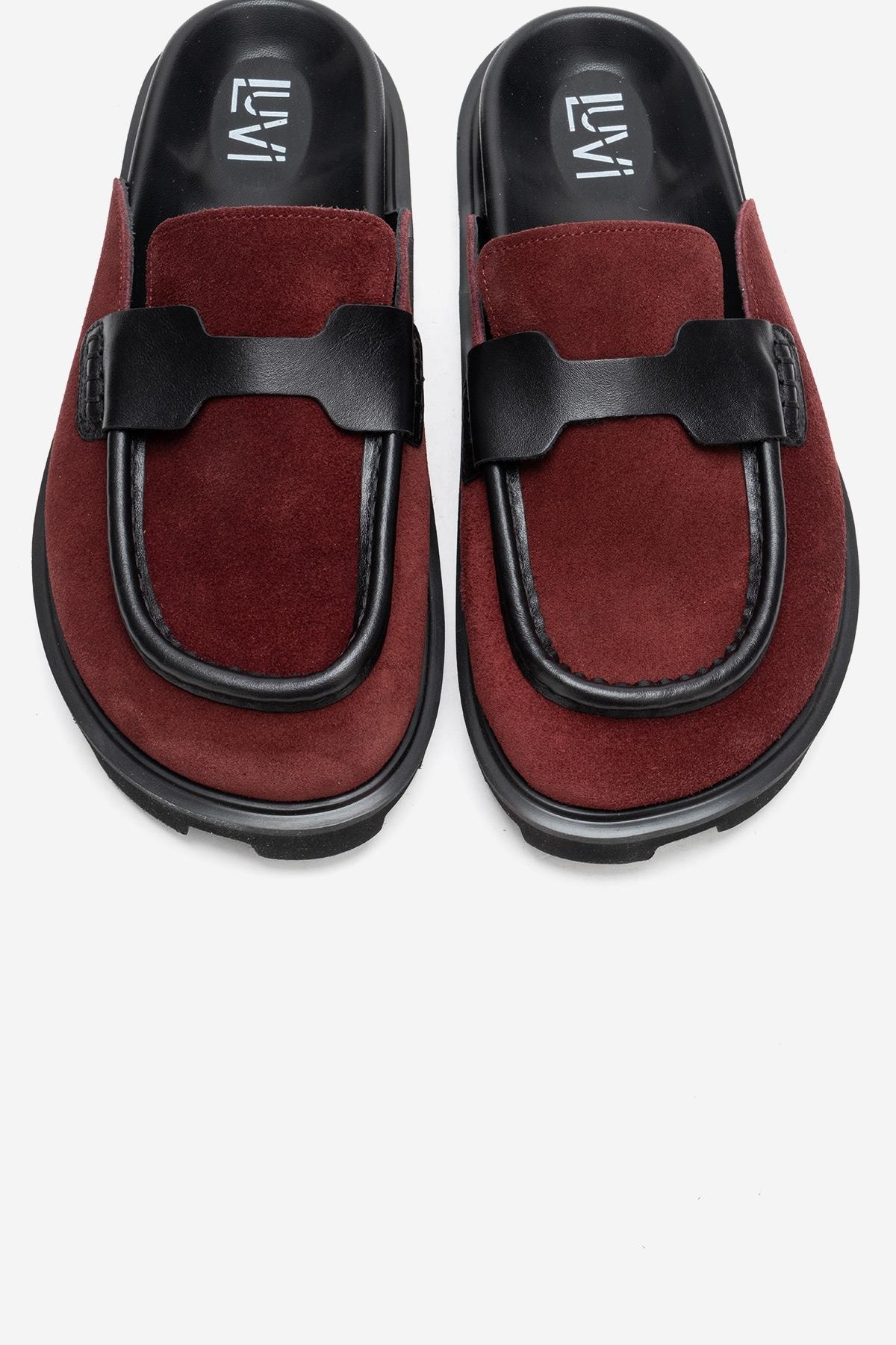 VELA - Burgundy Genuine Suede Leather Low Heel Mule – side view showing leather, suede, Vowalisse