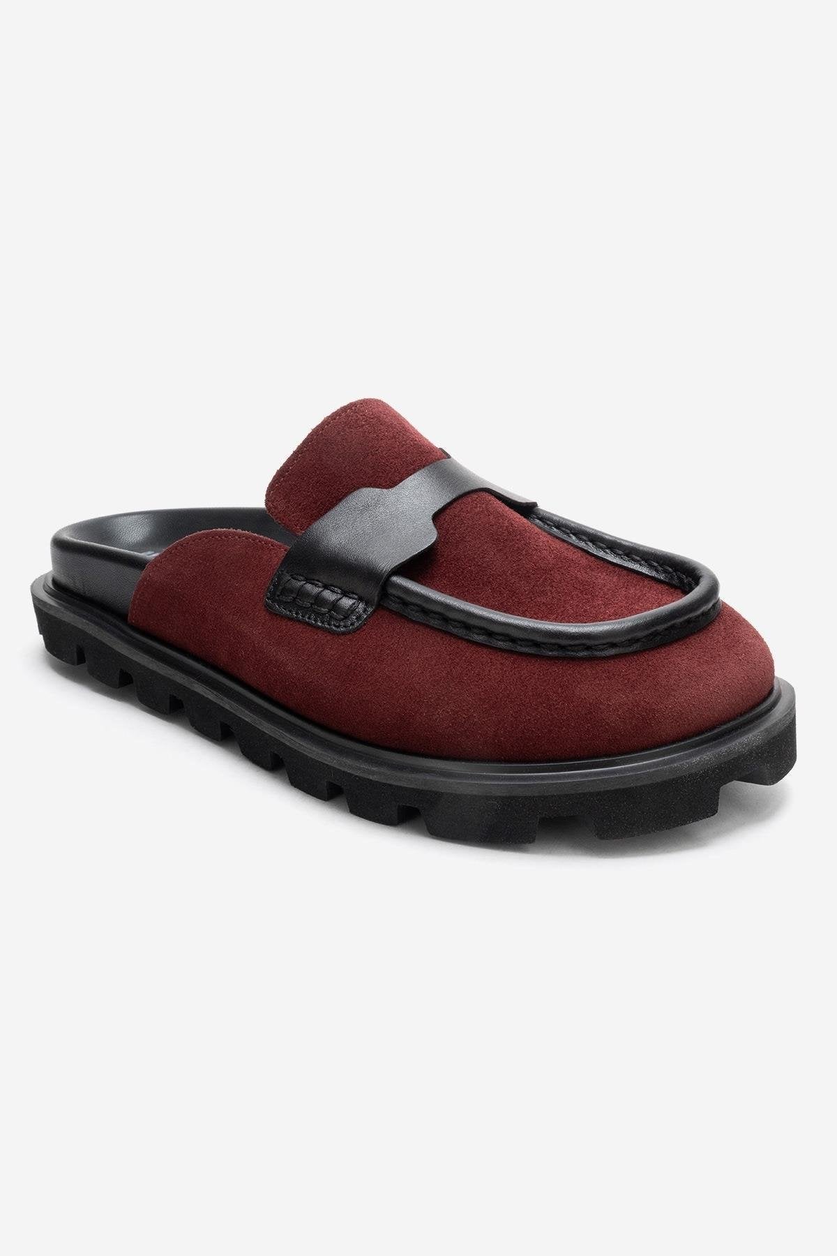 VELA - Burgundy Genuine Suede Leather Low Heel Mule – detail view showing leather, suede, Vowalisse