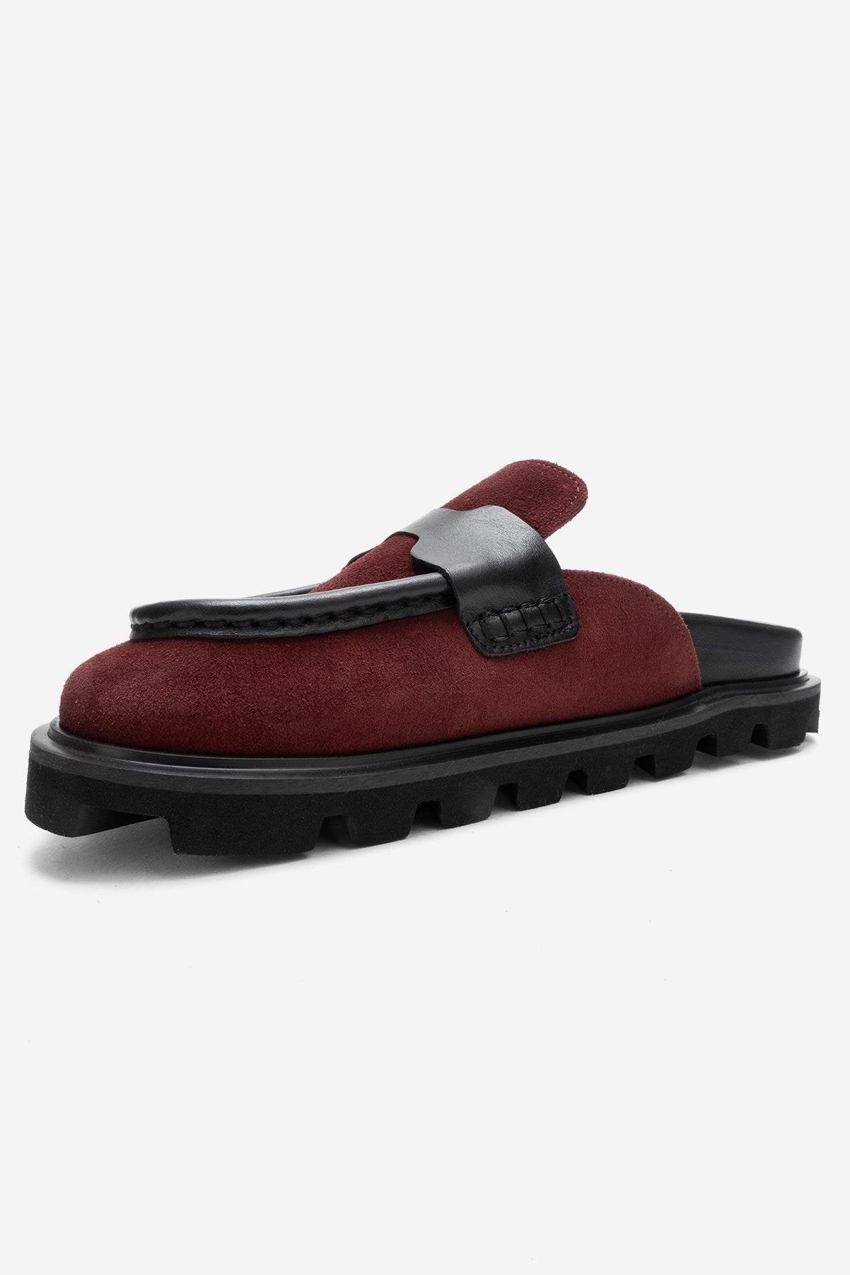 VELA - Burgundy Genuine Suede Leather Low Heel Mule – heel view showing leather, suede, Vowalisse