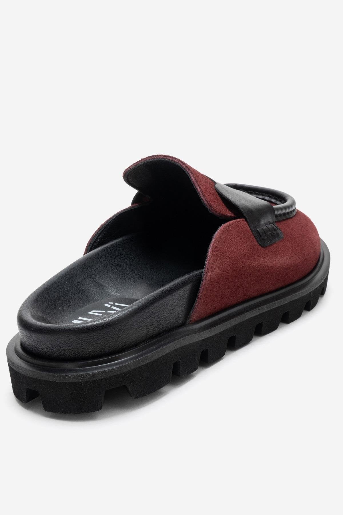 VELA - Burgundy Genuine Suede Leather Low Heel Mule – back view showing leather, suede, Vowalisse
