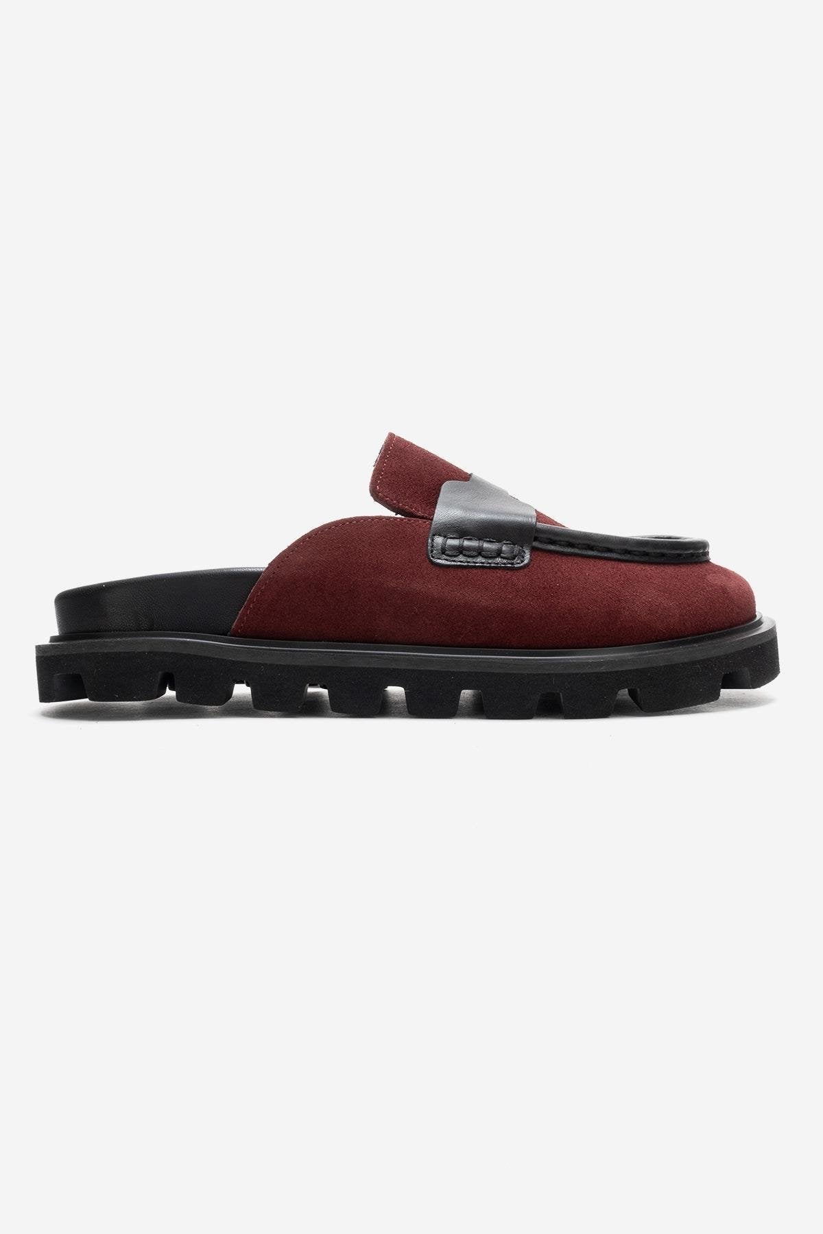 VELA - Burgundy Genuine Suede Leather Low Heel Mule – top view showing leather, suede, Vowalisse