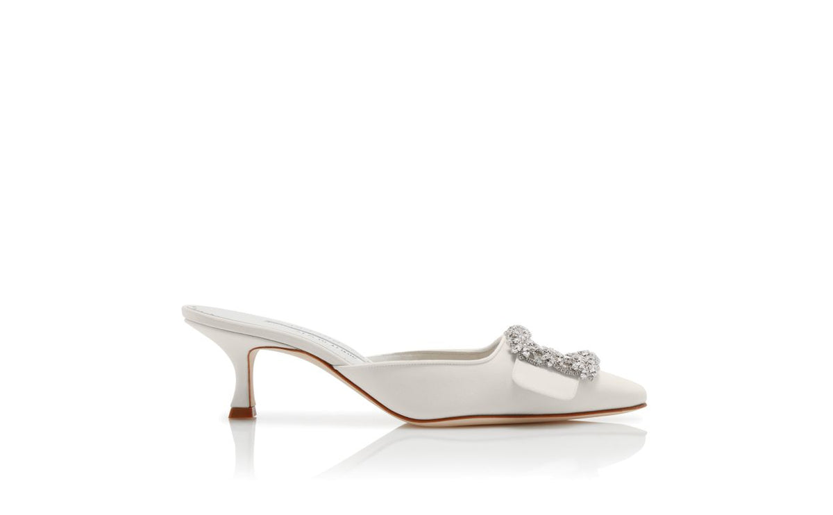 Emmeline Grace White Crystal Buckle Mules – side profile showing white crystal buckle, pointed toe, satin, Vowalisse
