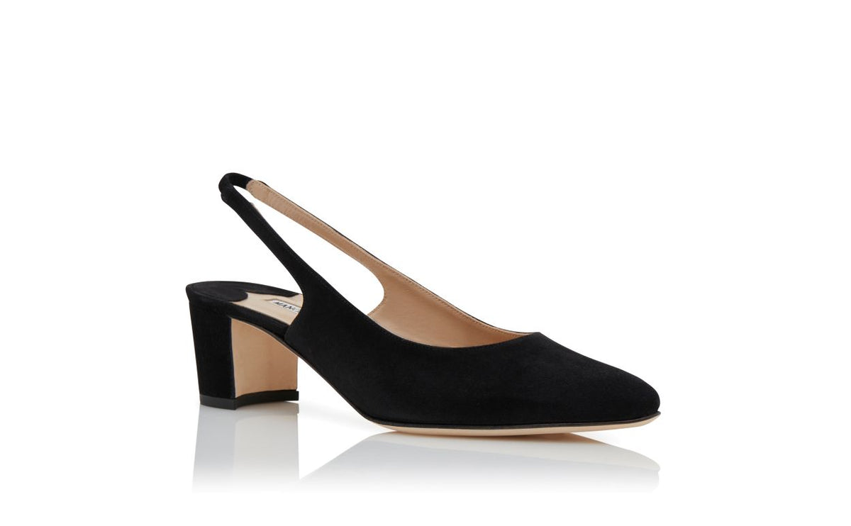Evangeline Élan Black Slingback Slingbacks – top view showing black slingback, almond toe, suede, Vowalisse