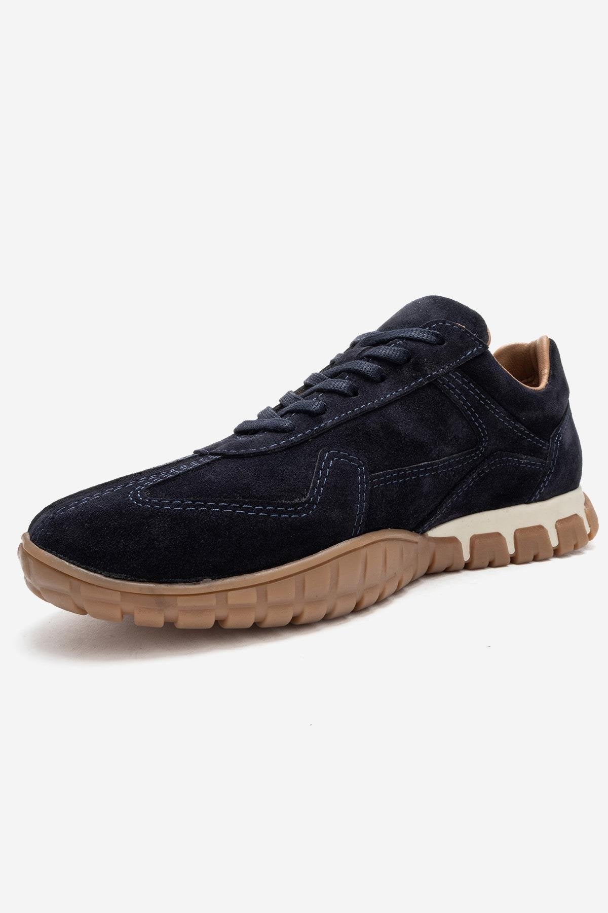 LARS - Navy Suede Genuine Leather Sneaker – heel view showing leather, suede, Vowalisse