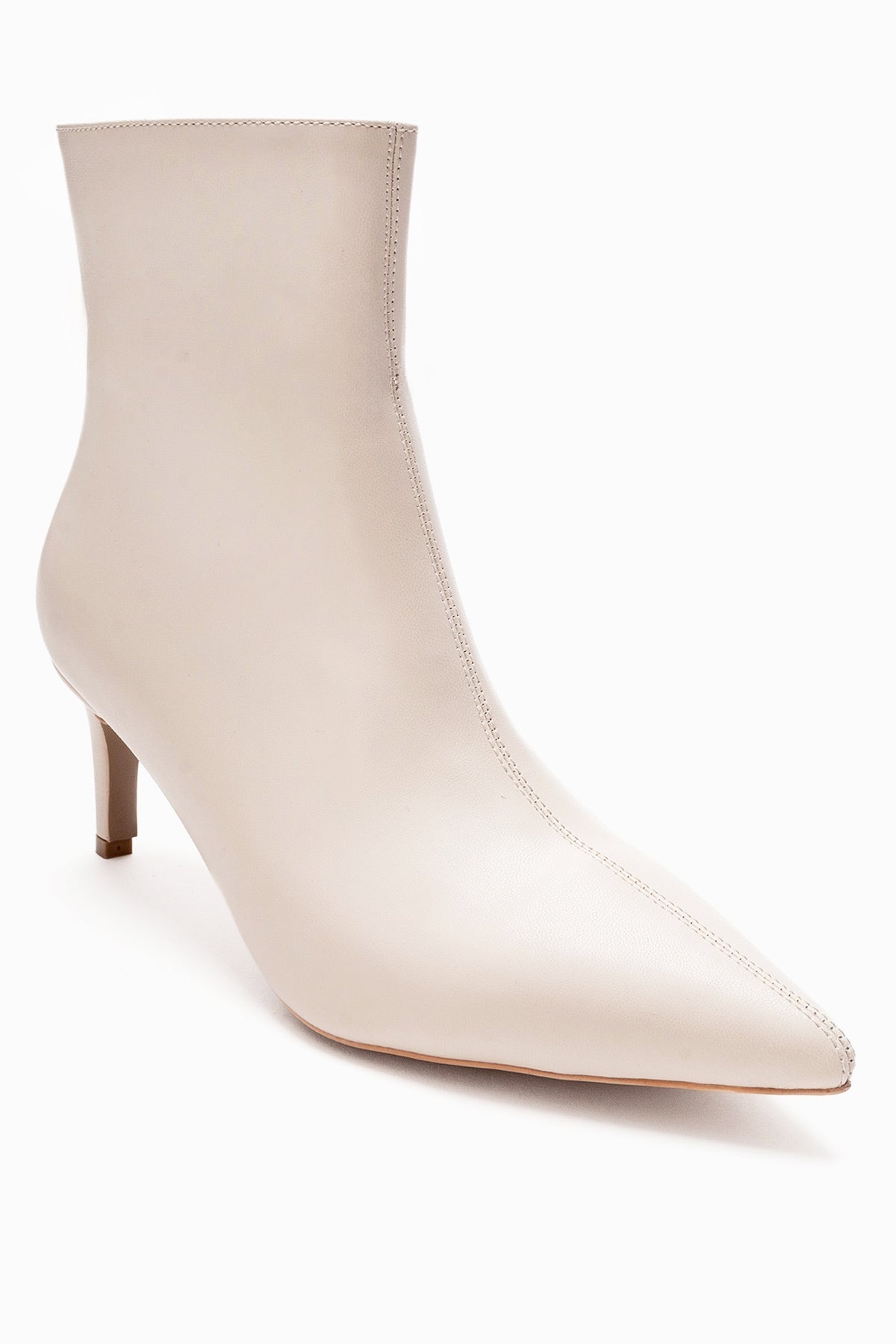 Noya - Beige Pointed Toe Slim Heel Boot – heel view showing leather, Vowalisse