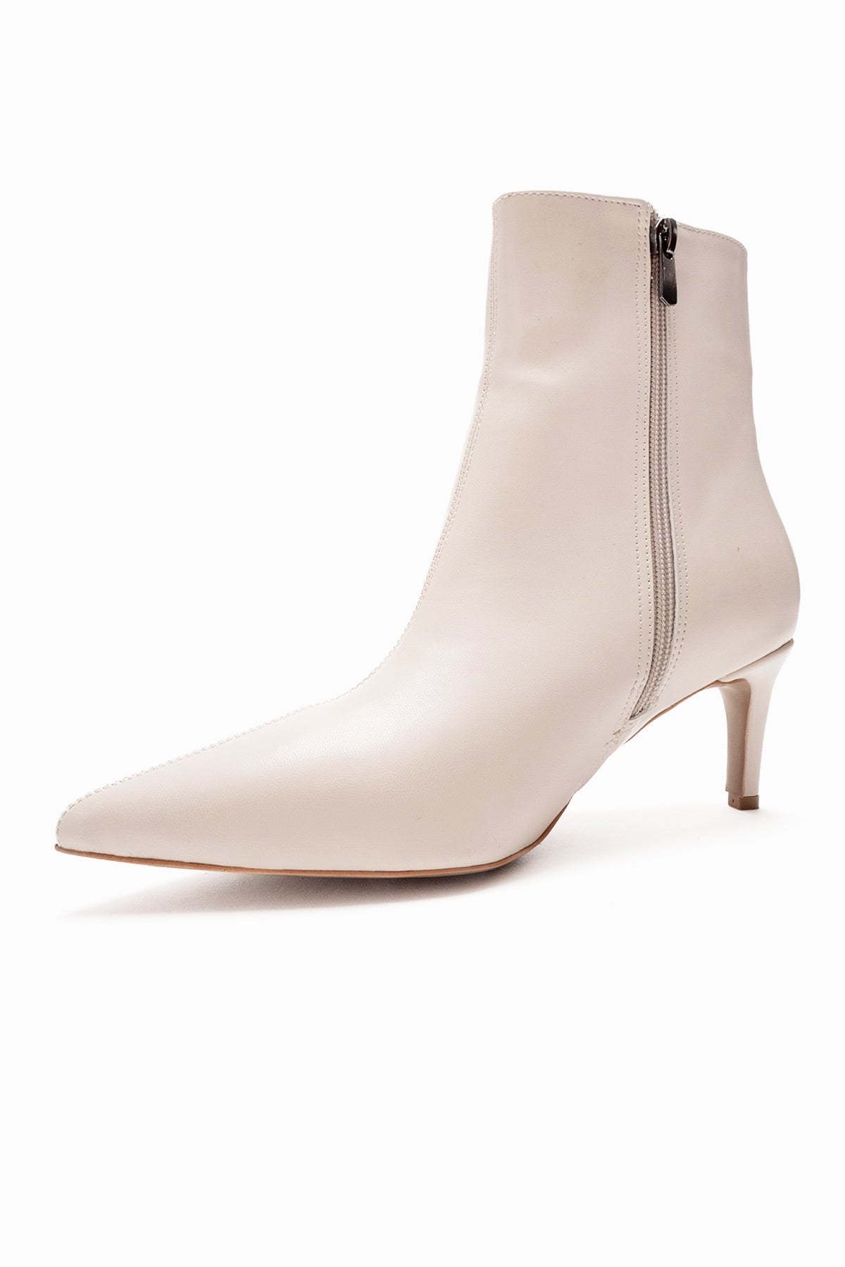 Noya - Beige Pointed Toe Slim Heel Boot – top view showing leather, Vowalisse