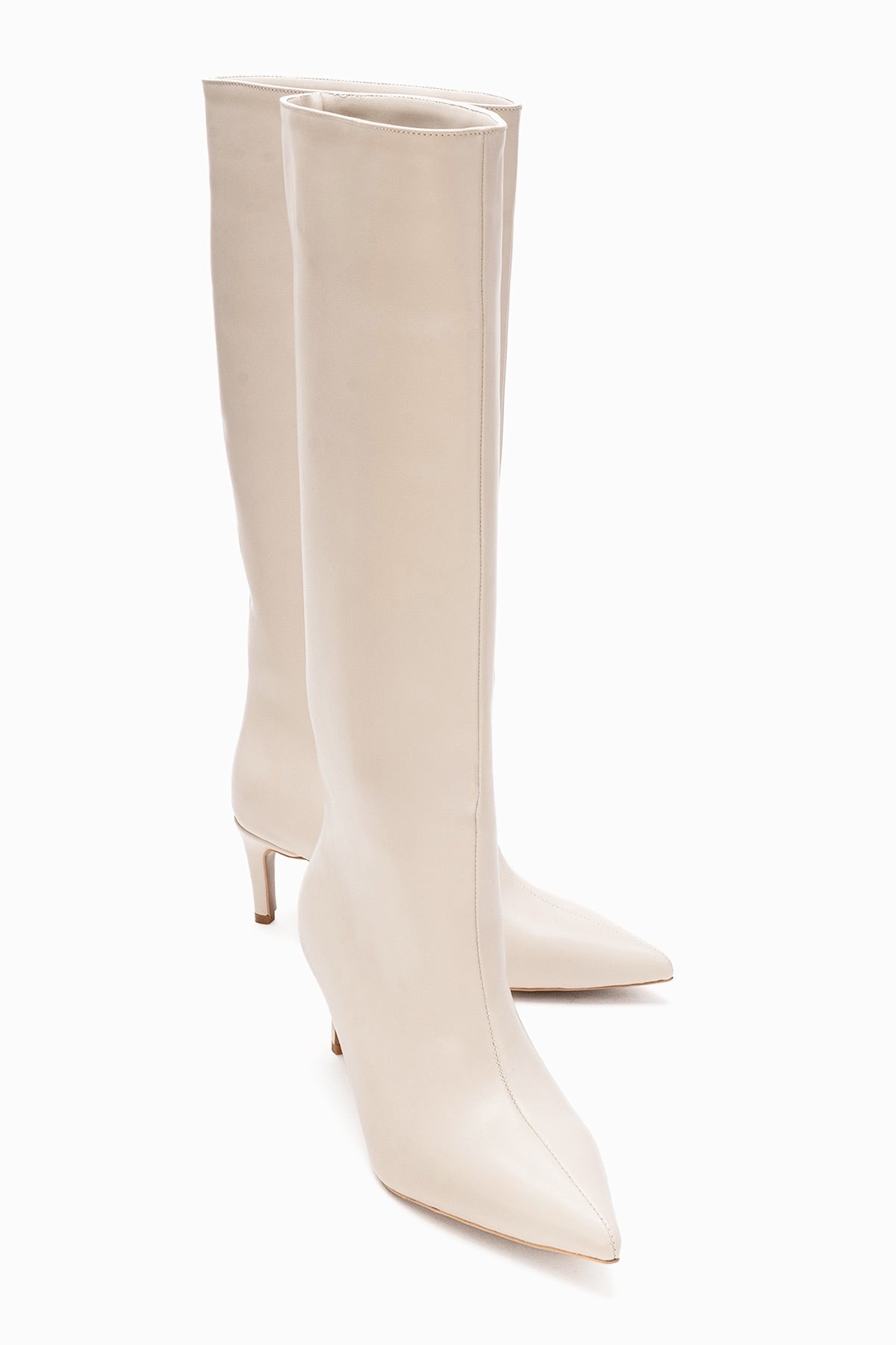 Camila - Beige Slim Heel Knee-High Boot – front three-quarter view showing leather, Vowalisse
