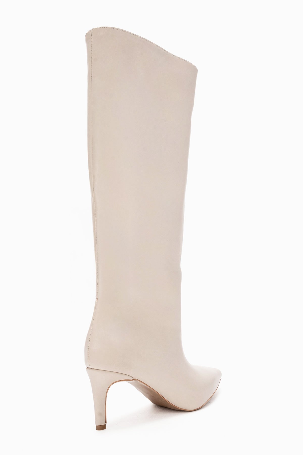Camila - Beige Slim Heel Knee-High Boot – back view showing leather, Vowalisse