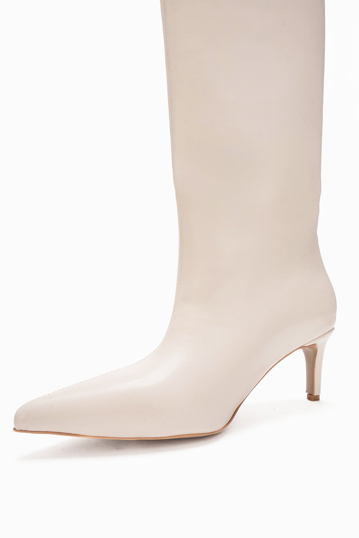 Camila - Beige Slim Heel Knee-High Boot – top view showing leather, Vowalisse