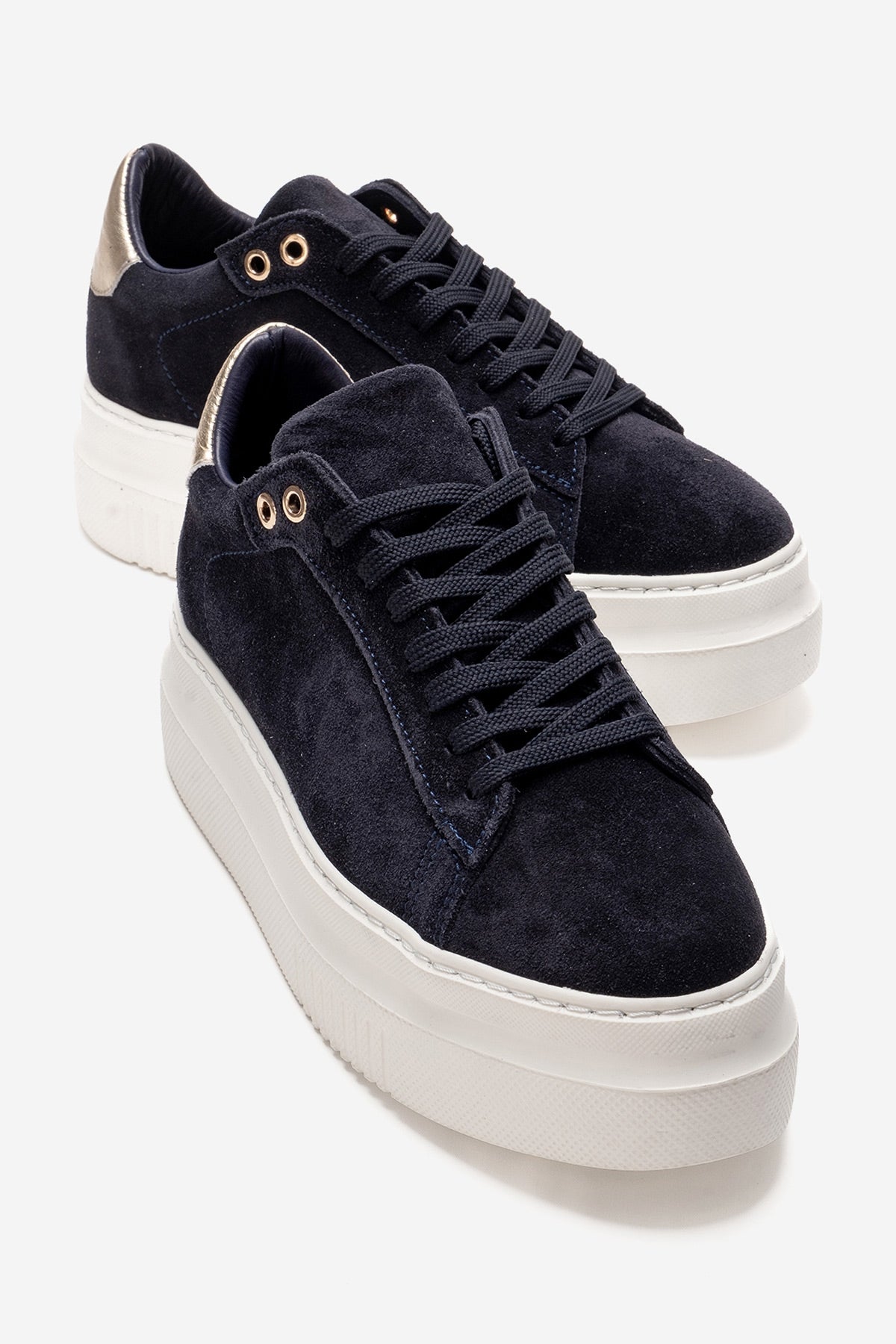 Nera - Navy Genuine Leather Casual Sneaker – front three-quarter view showing leather, suede, Vowalisse