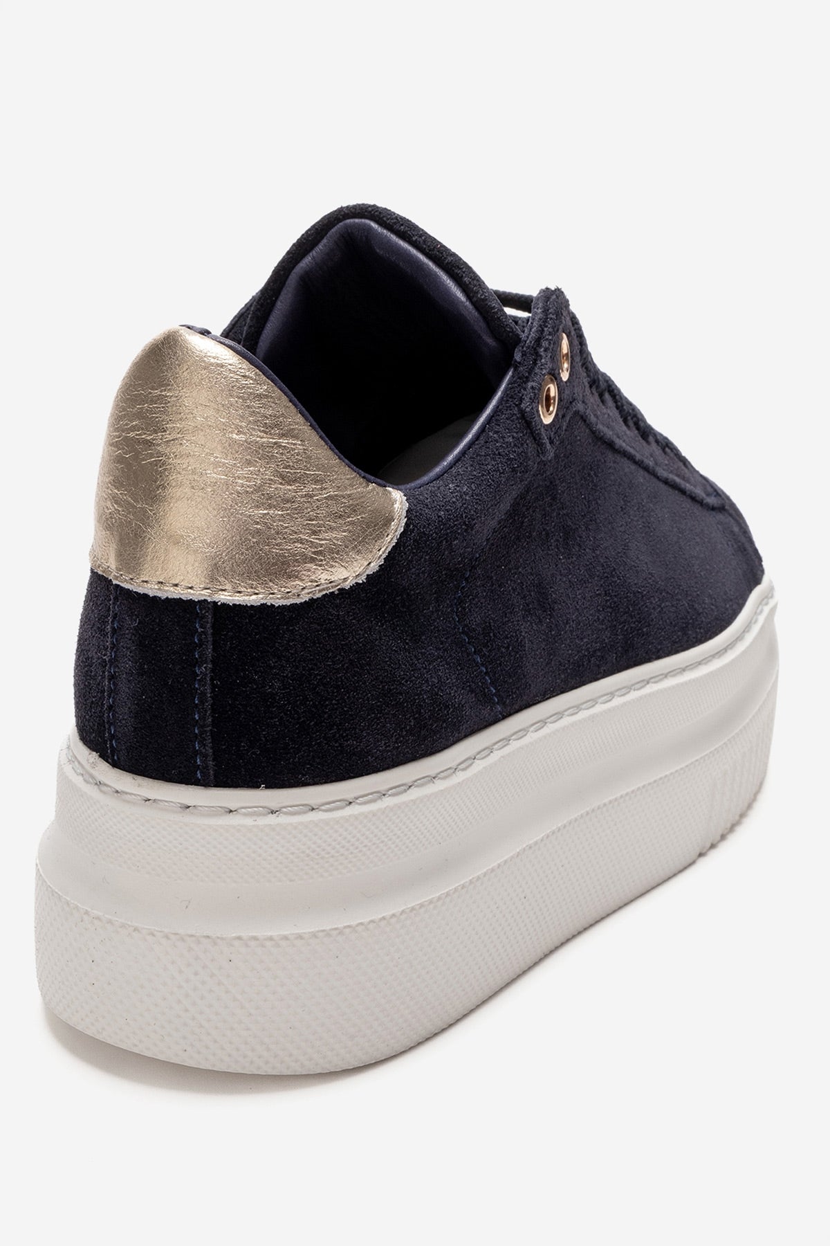 Nera - Navy Genuine Leather Casual Sneaker – back view showing leather, suede, Vowalisse