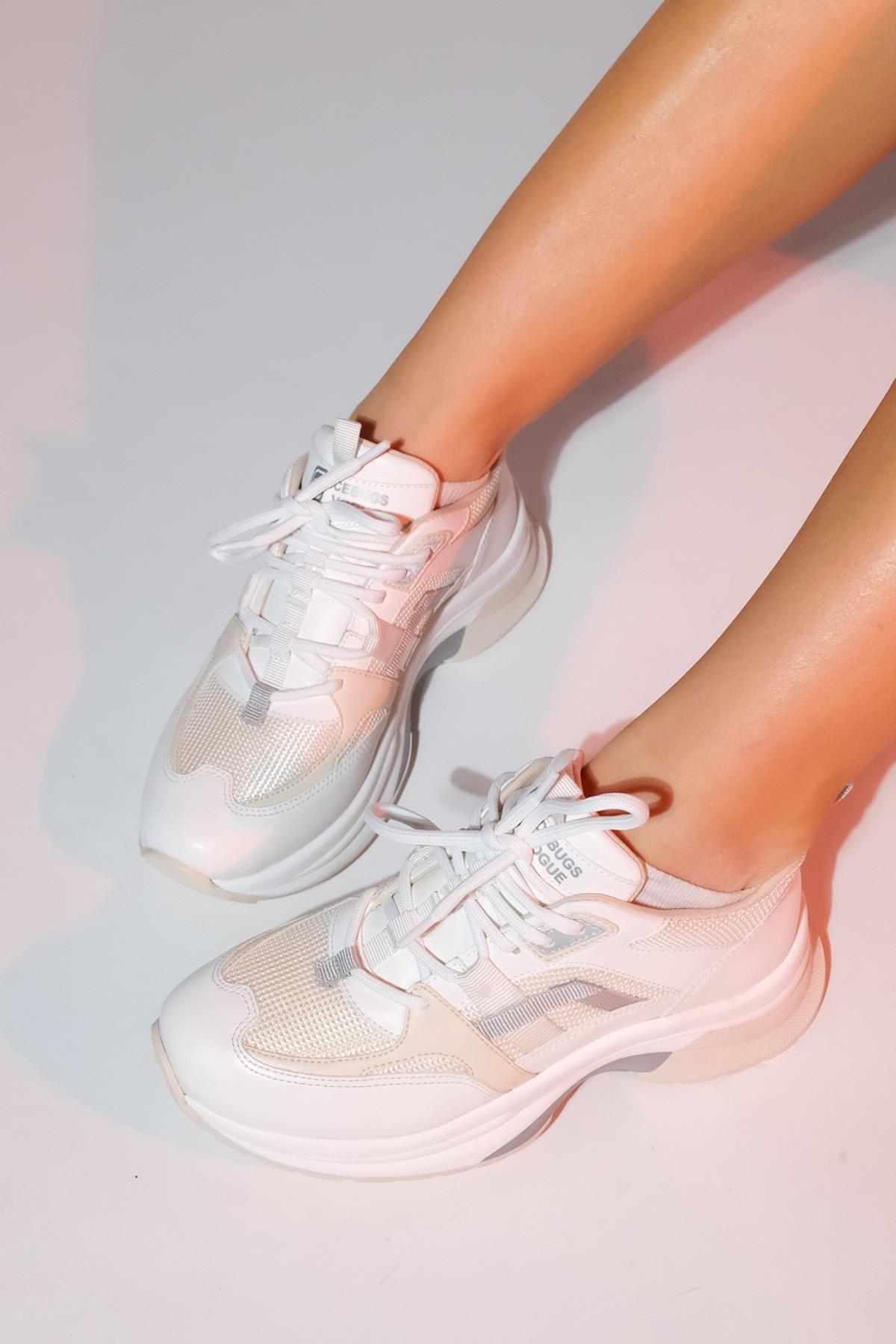 Sterda - White Beige Platform Sneaker – top view showing leather, white, Vowalisse