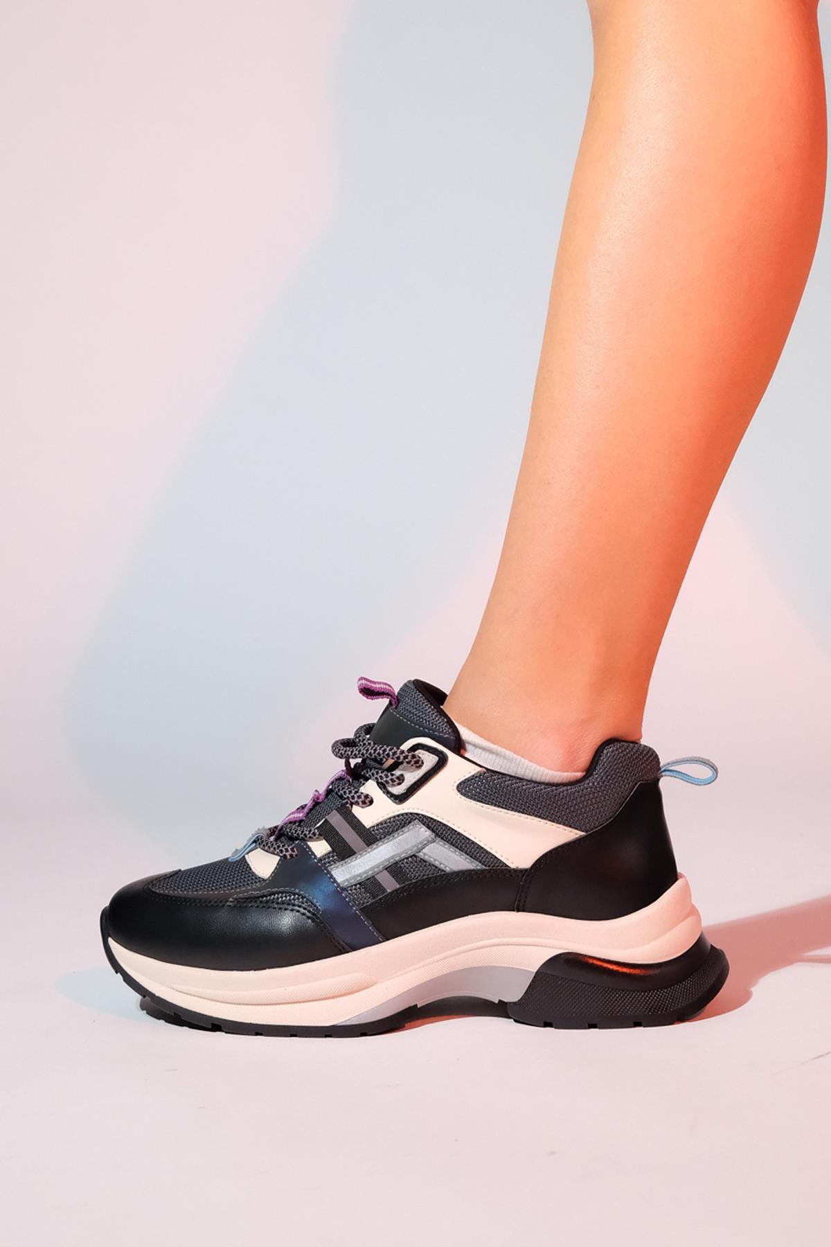 Sterda - Black/Green Thick-Sole Sport Sneaker – back view showing leather, black, green, Vowalisse