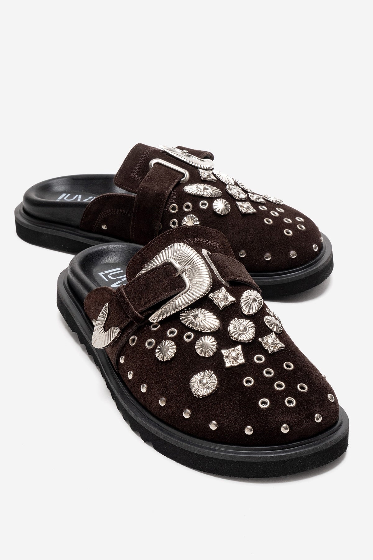 Maril - Brown Genuine Leather Buckled Closed-Toe Mule – front three-quarter view showing leather, suede, Vowalisse