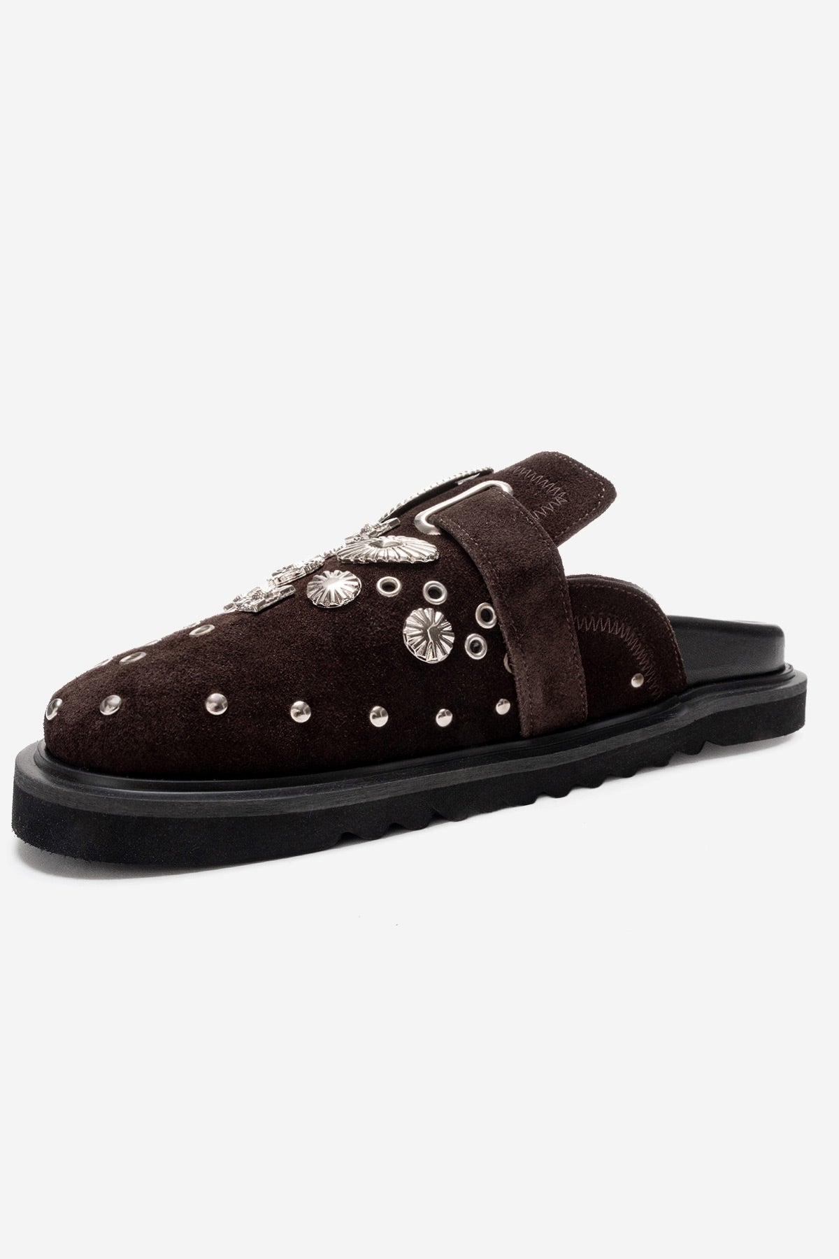 Maril - Brown Genuine Leather Buckled Closed-Toe Mule – heel view showing leather, suede, Vowalisse