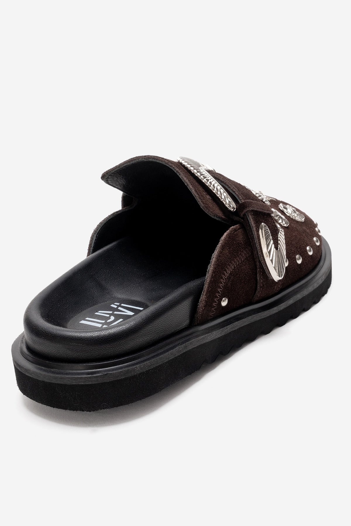 Maril - Brown Genuine Leather Buckled Closed-Toe Mule – back view showing leather, suede, Vowalisse
